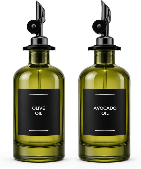 Glass Olive Oil Dispenser Set of 2, 350ml/11.8oz UV-Protected Green Bottles Self-Closing Pourer, Includes 50 Labels, Funnel & Aligner, Oil & Vinegar Dispenser for Kitchen Cooking