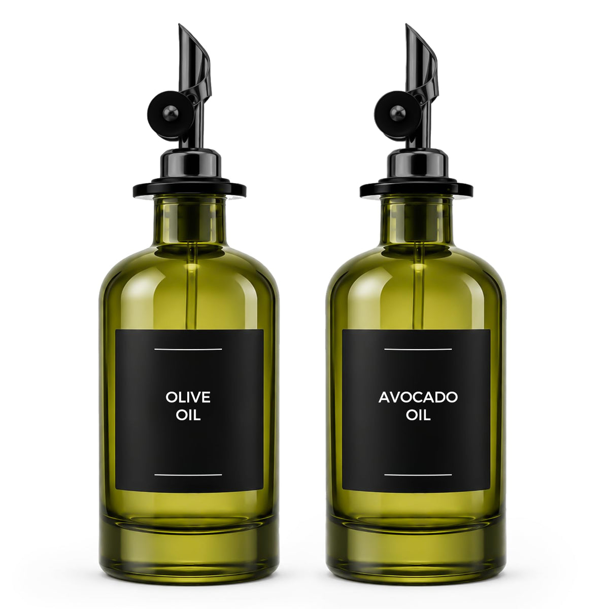 Glass Olive Oil Dispenser Set of 2, 350ml/11.8oz UV-Protected Green Bottles Self-Closing Pourer, Includes 50 Labels, Funnel & Aligner, Oil & Vinegar Dispenser for Kitchen Cooking
