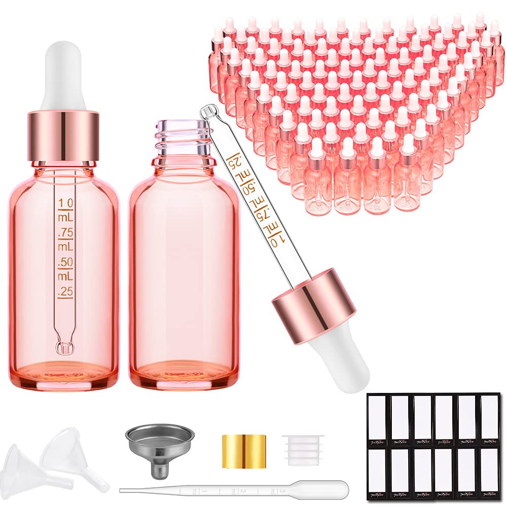 PrettyCare Glass Eye Dropper Bottles 24 Pack, 1oz (30ml) Clear Empty Thick Bottles Bulk with Leakproof Golden Caps - With Labels & Funnels for Storage, Travel, Essential Oils, Cuticle Oils, Tinctures
