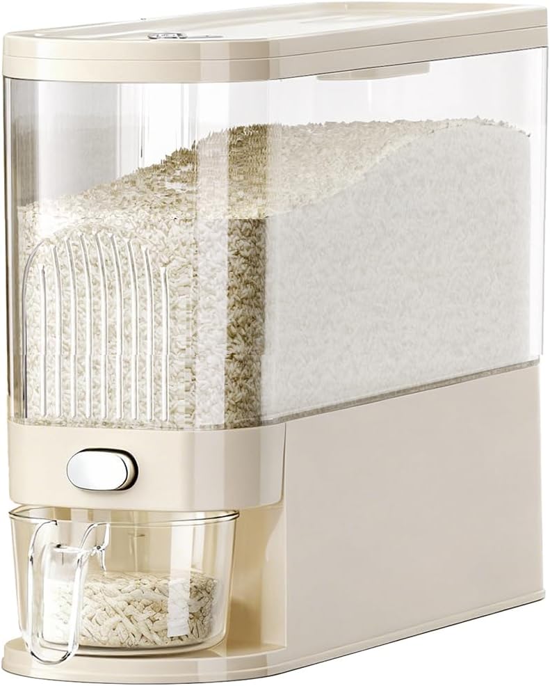 Rice Dispenser 11 Lbs, Airtight Rice Storage Container with Measuring Cup for Kitchen Pantry Organization, One-Touch Smart Dry Food Dispenser for Household Grain