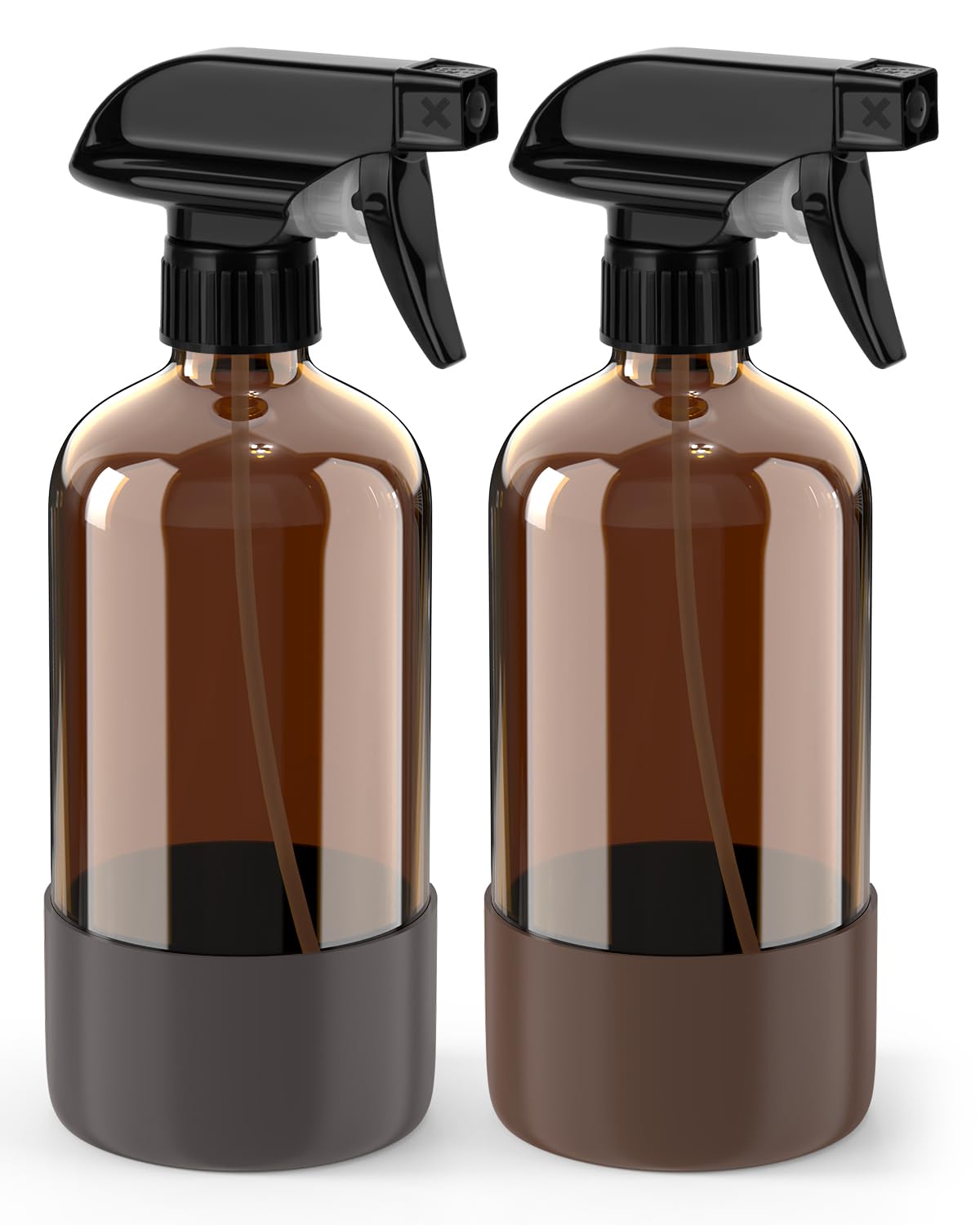 Bontip Glass Spray Bottle with Silicone Sleeve Protection, Amber Glass Spray Bottle Set for Window Cleaner Aromatherapy Facial Hydration Watering Flowers Hair Care 2 Pack/16 oz (Black & Brown)