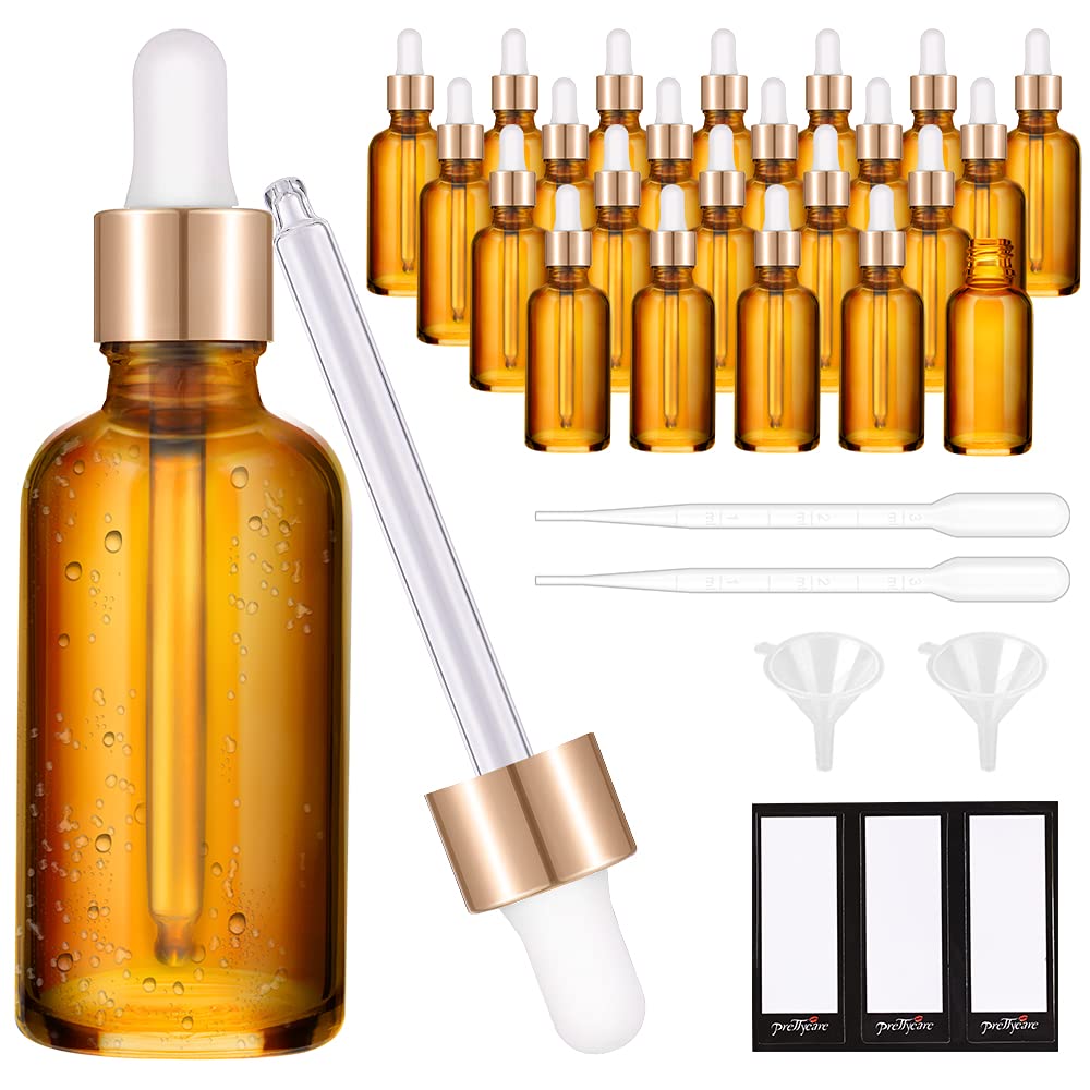 PrettyCare Glass Eye Dropper Bottles 24 Pack, 1oz (30ml) Clear Empty Thick Bottles Bulk with Leakproof Golden Caps - With Labels & Funnels for Storage, Travel, Essential Oils, Cuticle Oils, Tinctures