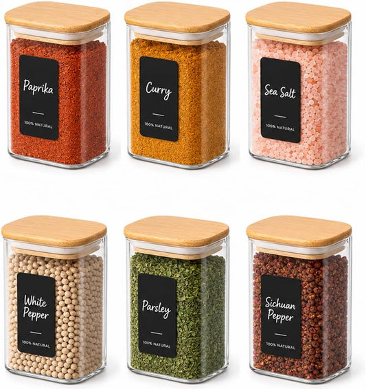 ComSaf Glass Spice Jars 8oz Set of 6, Seasoning Containers with 9 Labels