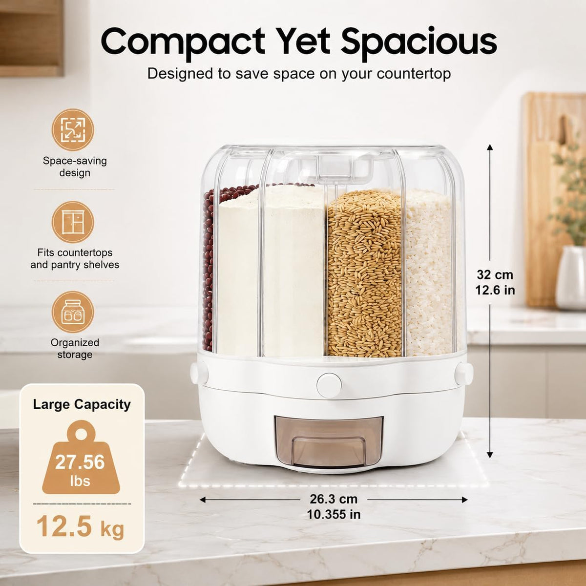6-Compartment Rotating Rice Dispenser, 27lbs Storage Container for Dry Food