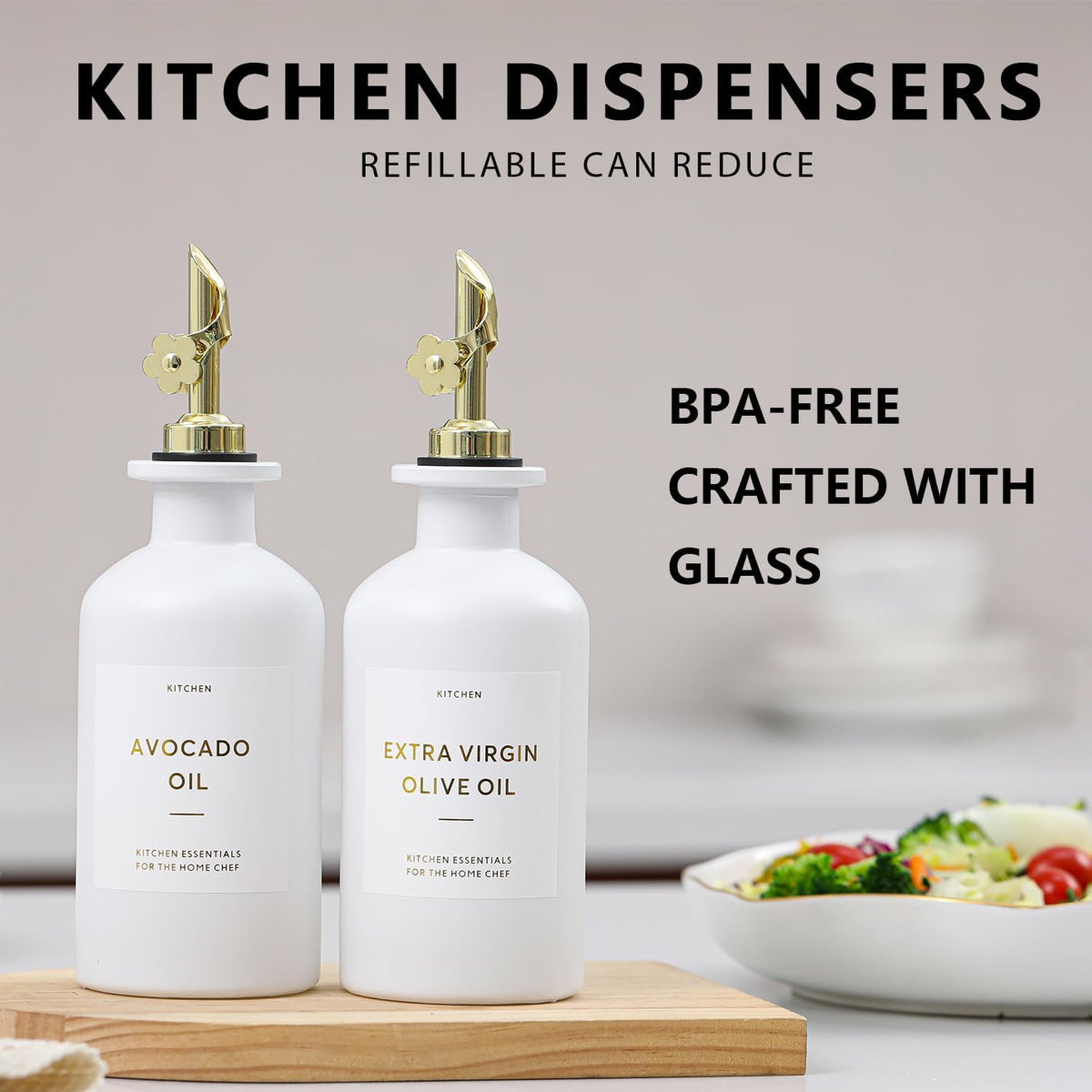 HOMCDALY Olive Oil Dispenser for Kitchen, 12oz Glass kitchen Dispenser Bottle, Gold Oil&Vinegar Cruet Set, Leakproof Oil Containers for Cooking| Set of 2 (12oz – Gold)