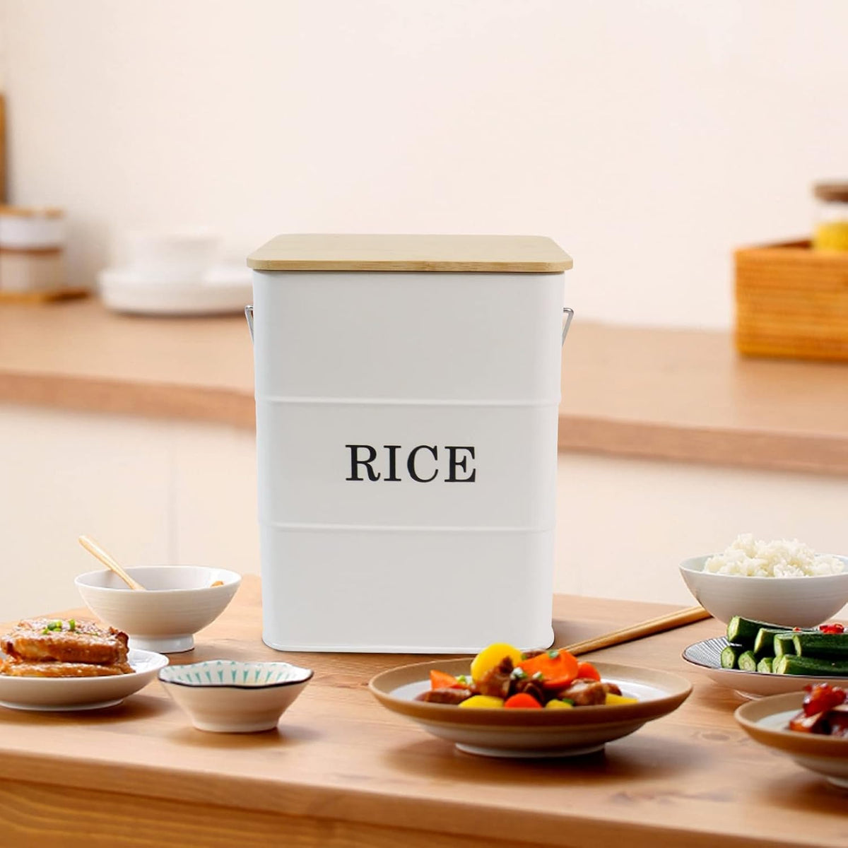 Rice Container Metal Rice Storage Bin, Rice Storage Box with Airtight Bamboo Lid & Scoop, Food Storage Container for Rice Flour Soybean Grain Cereal (White)