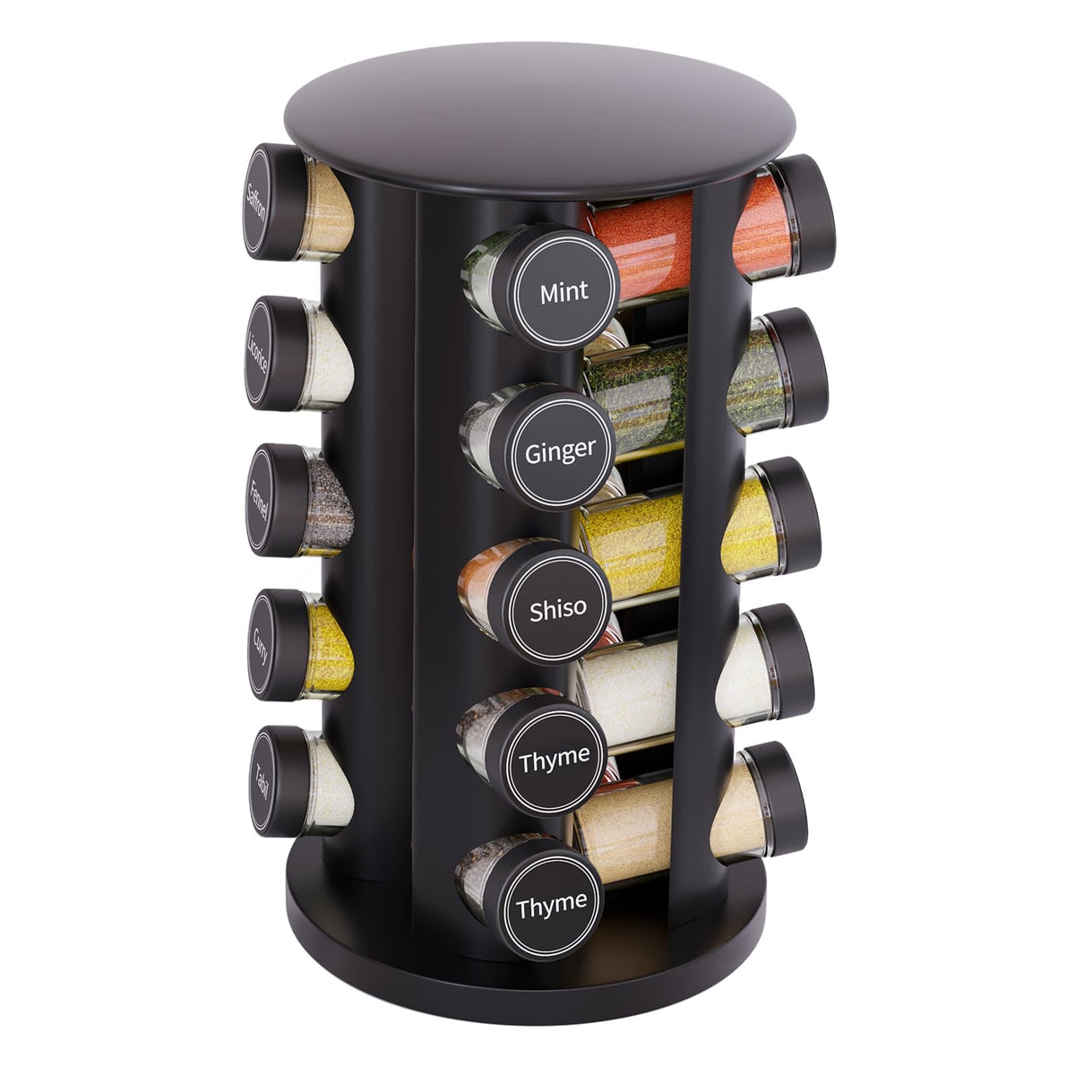 Revolving Spice Rack Set with 20 Spice Jars, Kitchen Spice Tower Organizer for Countertop or Cabinet -- Carousel Storage Includes 386 Spice Labels -- Desktop Rotating Seasoning Organizer