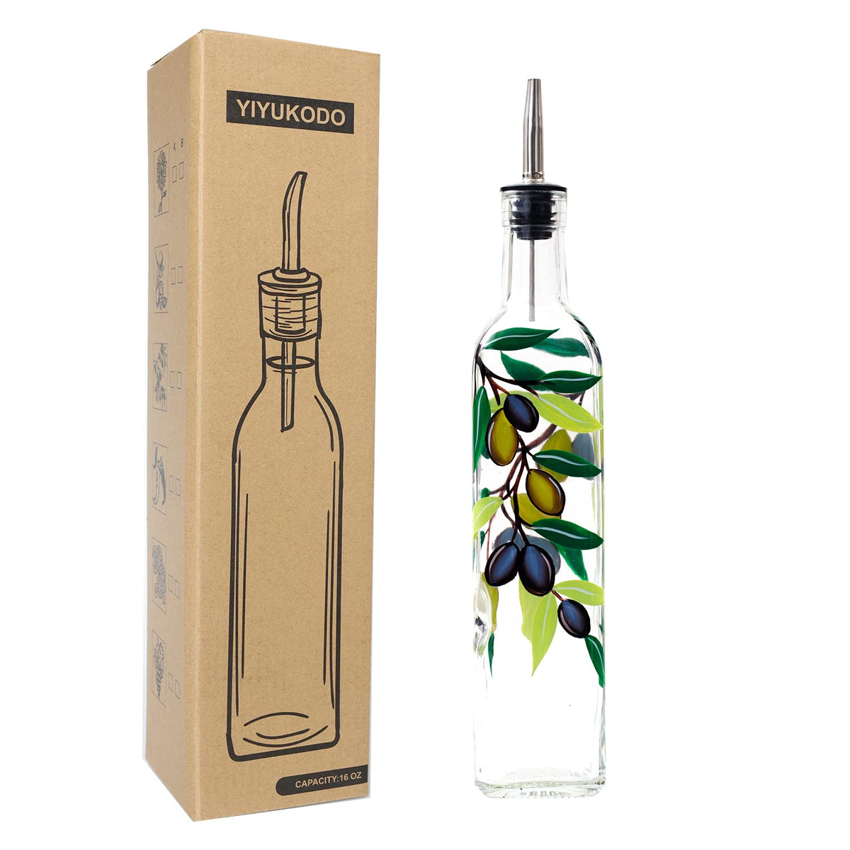 17oz Hand Painted Glass Olive Oil Bottle Dispenser - 500ml Green Oil & Vinegar Cruet with Pourers - Olive Oil Carafe Decanter for Kitchen (olive2)