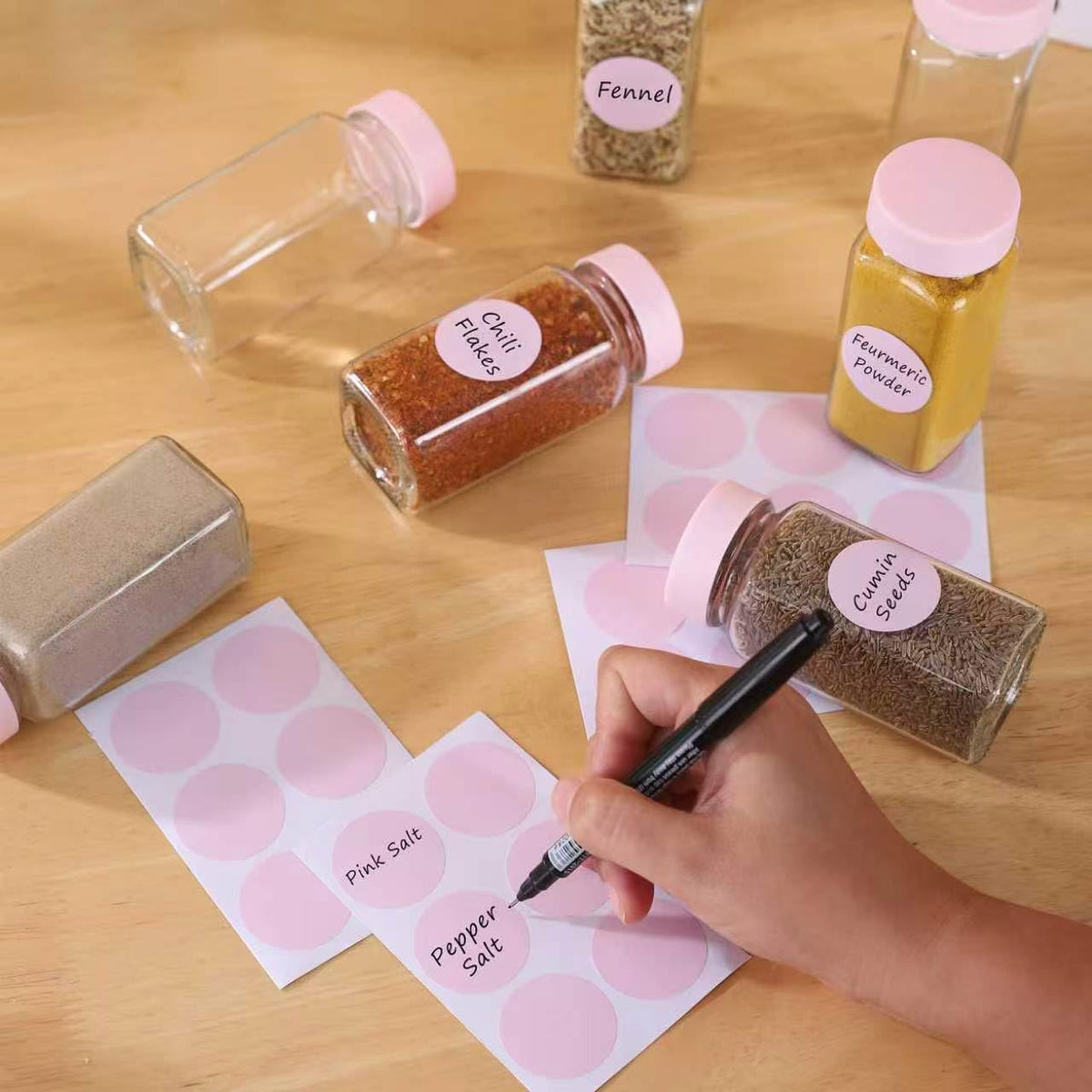 6 Pcs Glass Spice Jars with Label, 4oz Pink Airtight Seasoning Containers