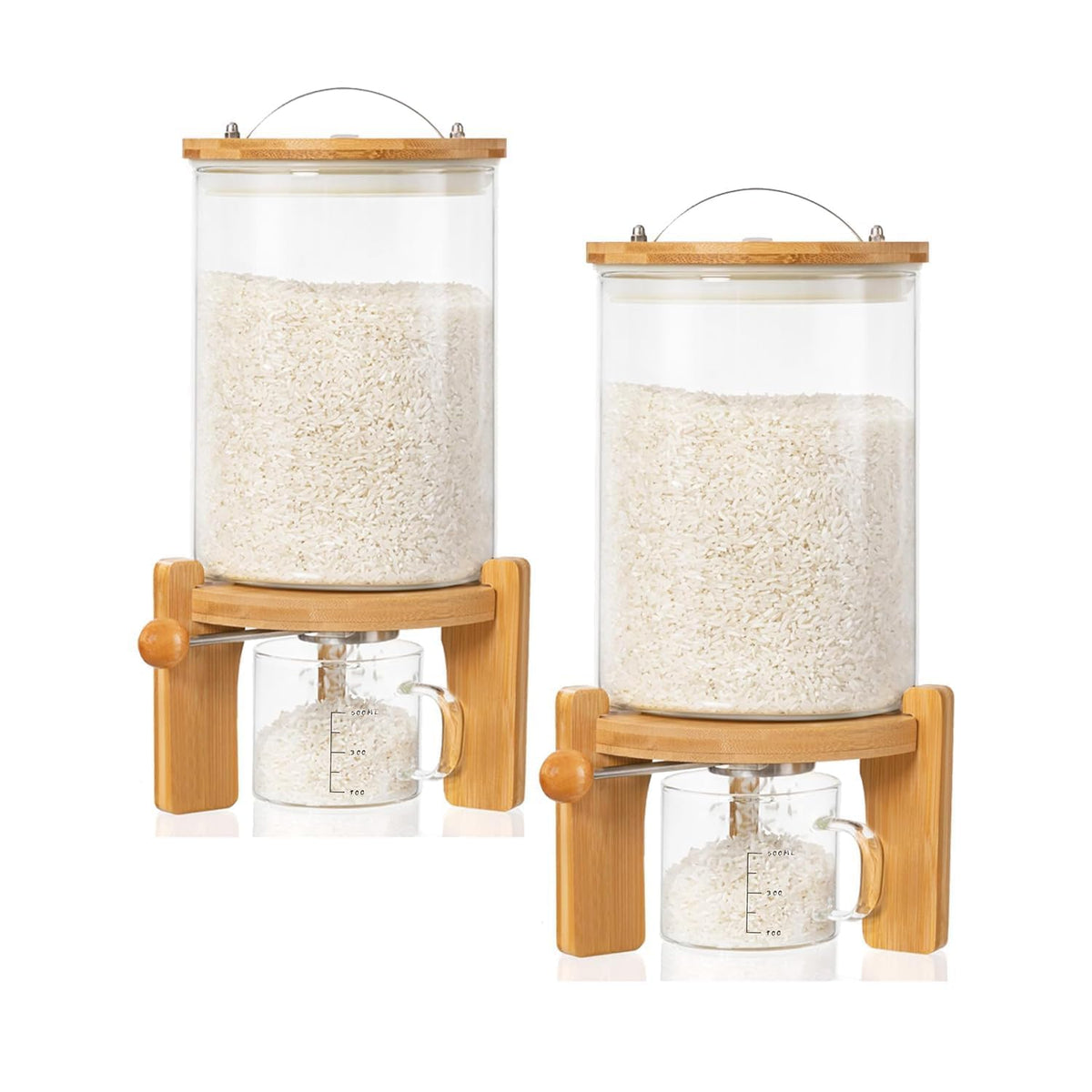 HBlife 8-10 Lbs Glass Rice Dispenser with Wooden Stand Flour and Cereal Container with Glass Measuring Cup Pantry Food Organization Storage Bin with Airtight Bamboo Lid, 5L