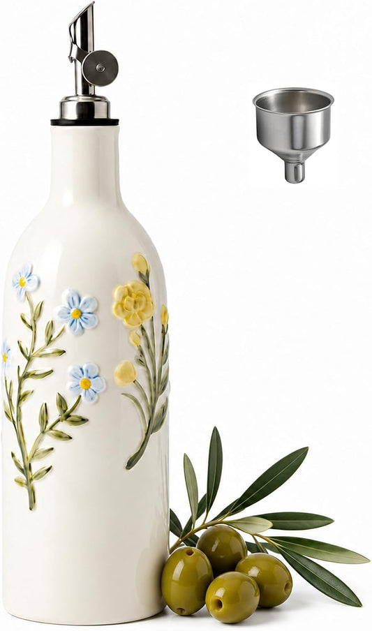 Ceramic Olive Oil Dispenser Bottle with Spout, 18 OZ, Flower