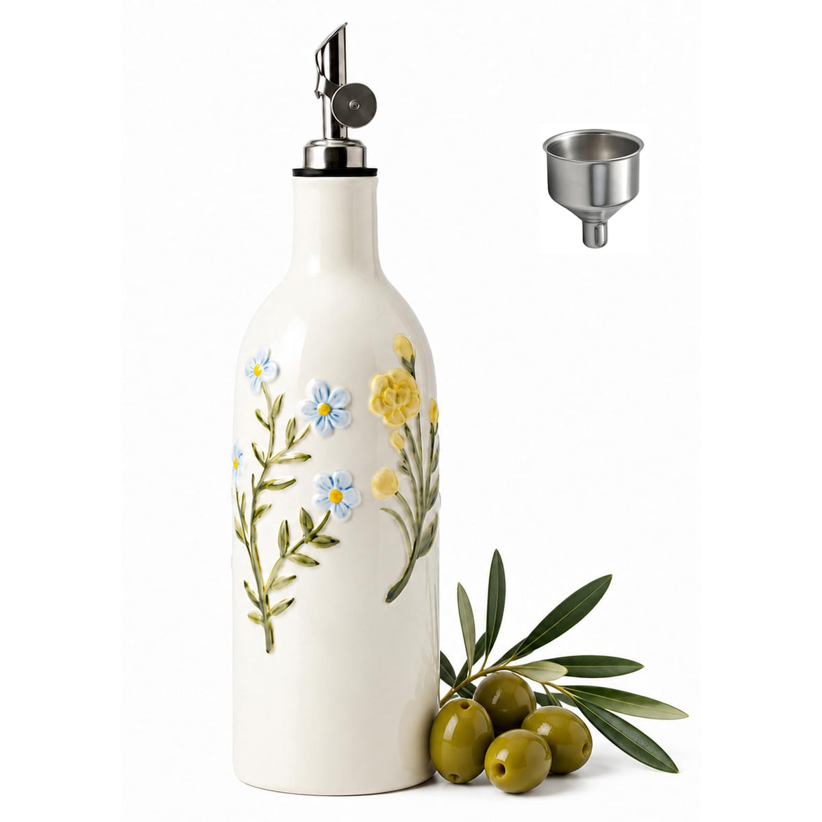 Ceramic Olive Oil Dispenser Bottle with Spout, 18 OZ, Flower
