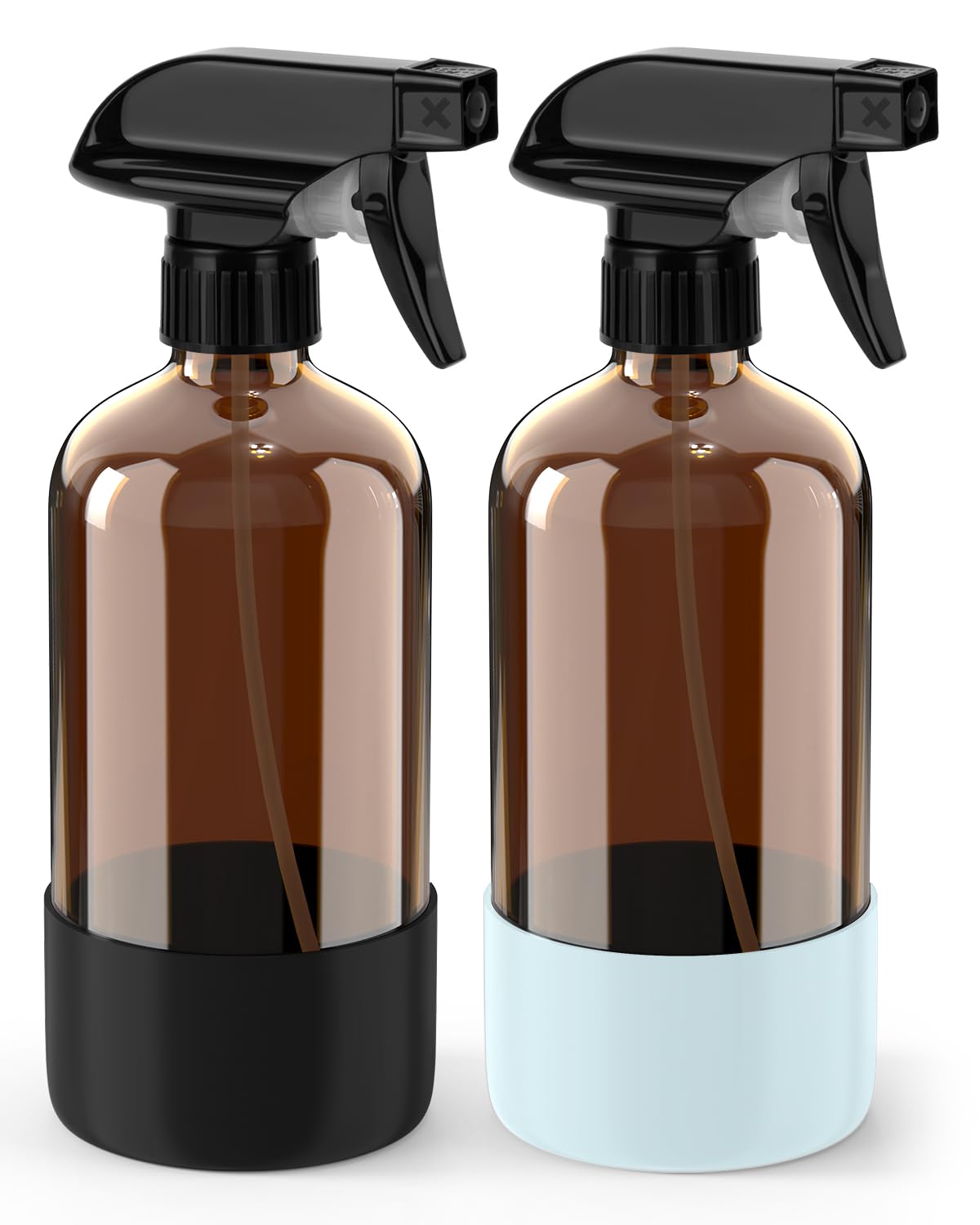 Bontip Glass Spray Bottle with Silicone Sleeve Protection, Amber Glass Spray Bottle Set for Window Cleaner Aromatherapy Facial Hydration Watering Flowers Hair Care 2 Pack/16 oz (Black & Brown)
