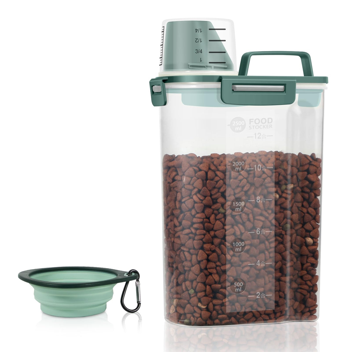 LEAWALK 3-5Lbs/3Qt Dog Cat Food Storage Container With Foldable Bowl., Plastic Pet Food Dispenser for Small Animal Kibble/Pet Food/Bird Seed/Oatmeal/Rice/Flour/Brown Sugart/Cereals (Clear Grey)