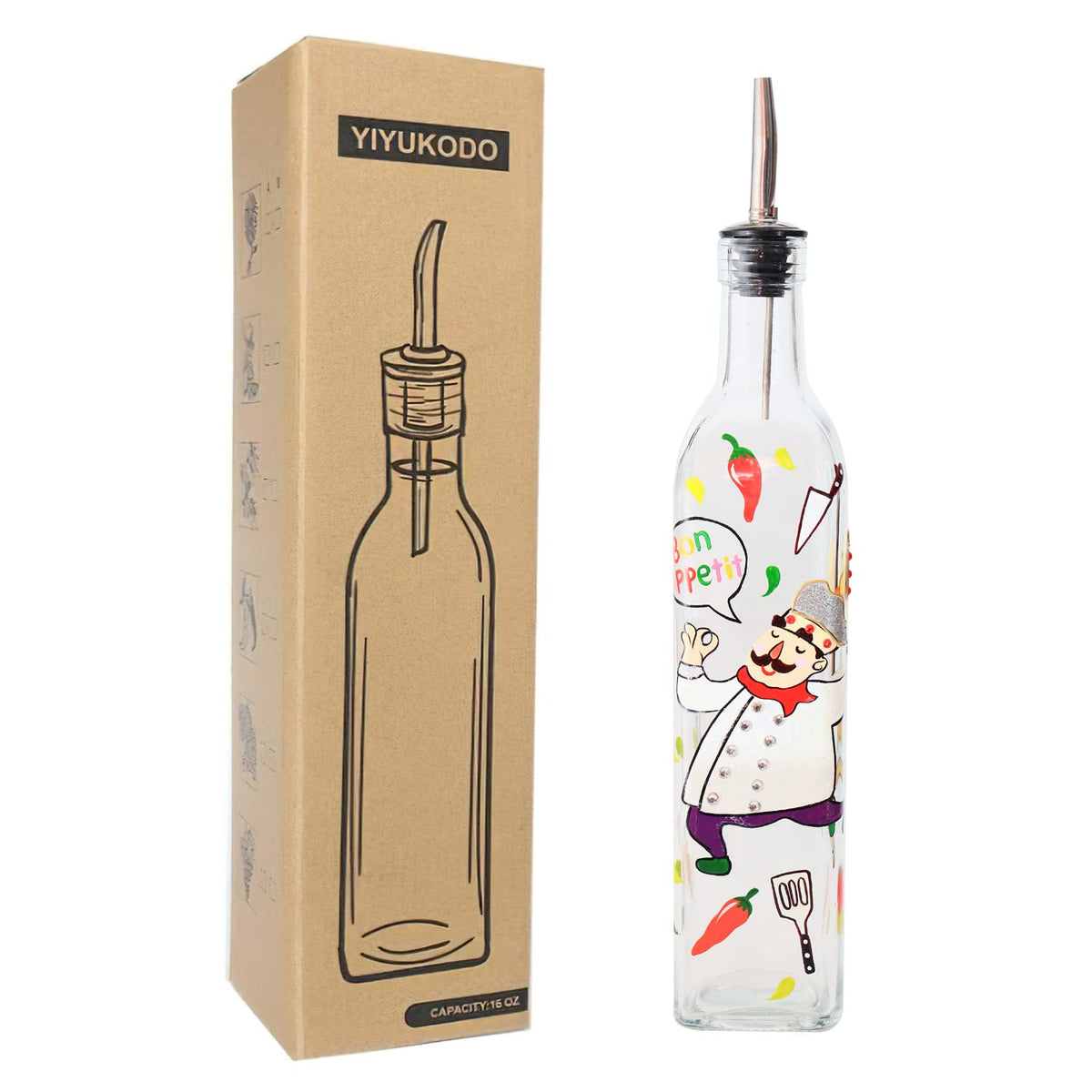 17oz Hand Painted Glass Olive Oil Bottle Dispenser - 500ml Green Oil & Vinegar Cruet with Pourers - Olive Oil Carafe Decanter for Kitchen (olive2)