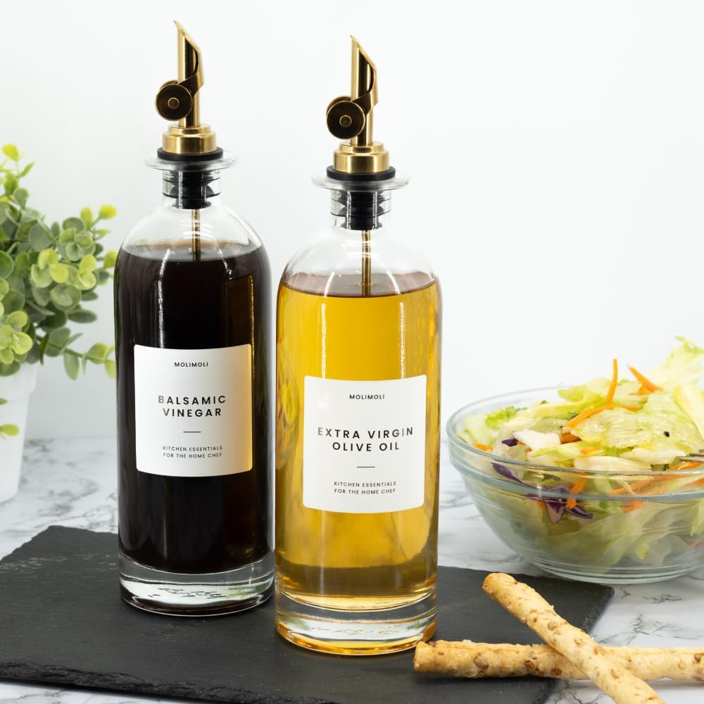 Molimoli Oil and Vinegar Dispenser with Metal Pour Spout, Weighted Pourer, Glass Bottle Dispenser for Kitchen, Olive Oil Cruet, Glass Olive Oil Bottle | 500ml, Set of 2