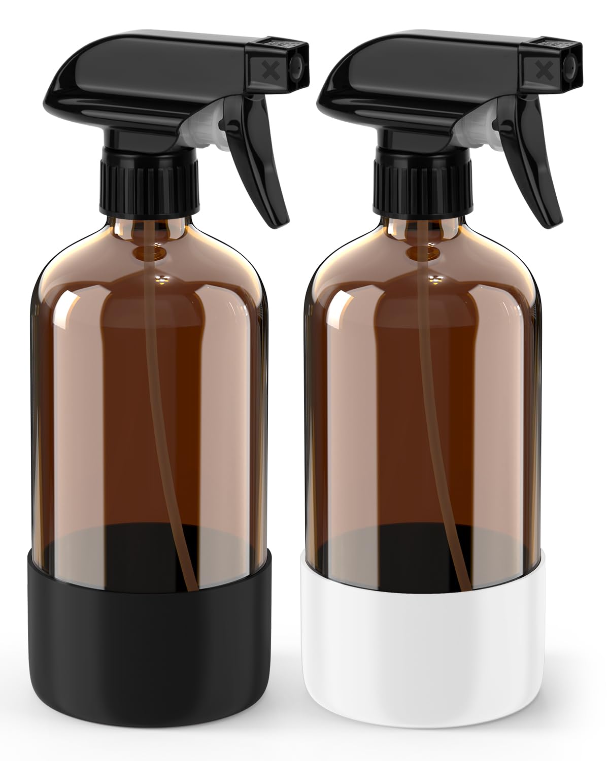 Bontip Glass Spray Bottle with Silicone Sleeve Protection, Amber Glass Spray Bottle Set for Window Cleaner Aromatherapy Facial Hydration Watering Flowers Hair Care 2 Pack/16 oz (Black & Brown)