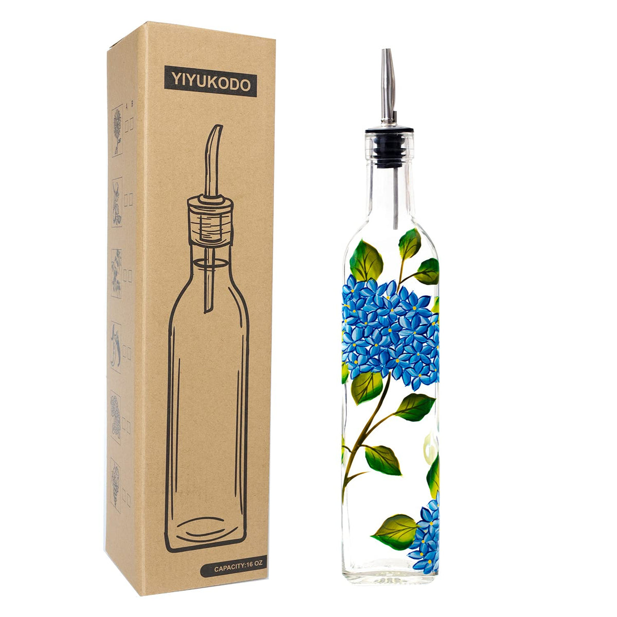 17oz Hand Painted Glass Olive Oil Bottle Dispenser - 500ml Green Oil & Vinegar Cruet with Pourers - Olive Oil Carafe Decanter for Kitchen (olive2)