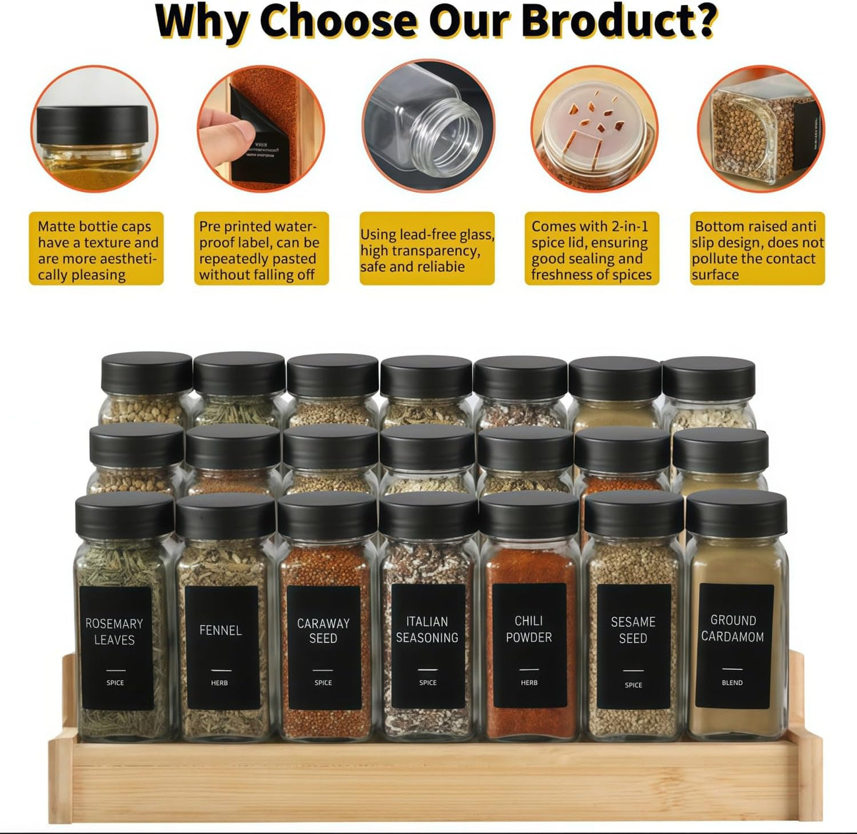 24 Spice Jars with Label, Glass Spice Bottles With Shaker Lids