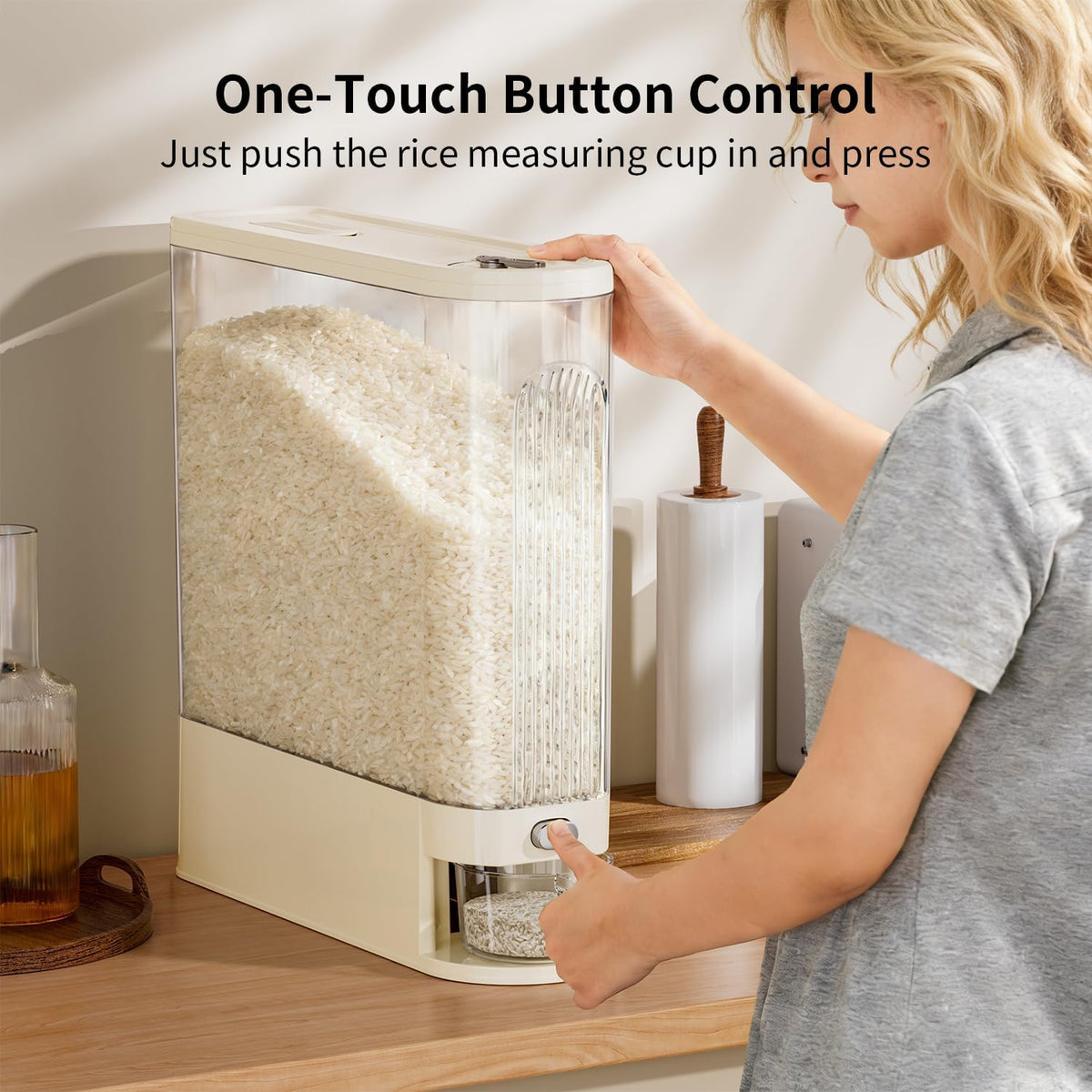 Rice Dispenser 11 Lbs, Airtight Rice Storage Container with Measuring Cup for Kitchen Pantry Organization, One-Touch Smart Dry Food Dispenser for Household Grain