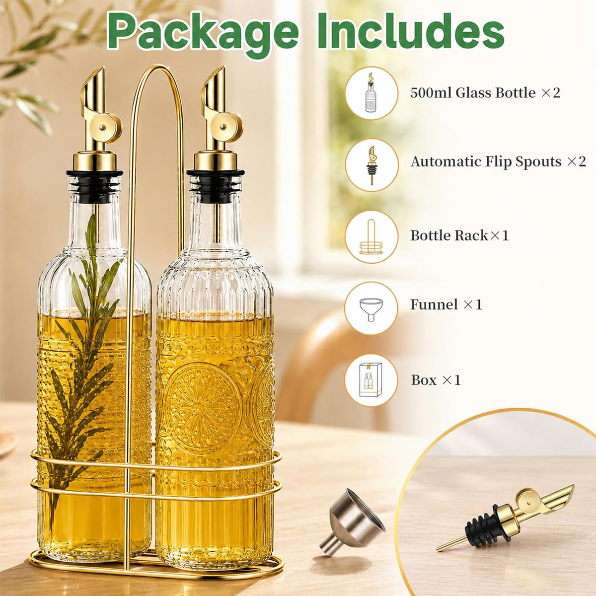 Olive Oil Dispenser Bottle, 2 Pack 17 oz Glass Oil and Vinegar Dispenser with 2 Gold Gravity Auto Flip Spouts, Metal Stand and Funnel, Decorative Polka Dot & Sunflower Design for Kitchen