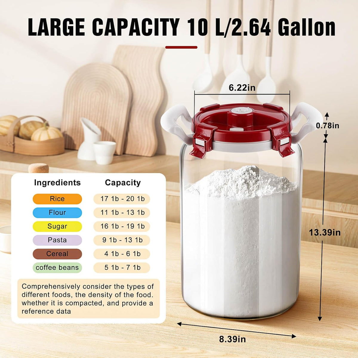 10L Glass Rice Storage Container for 20 lb Rice, Wide Mouth, Airtight Lid