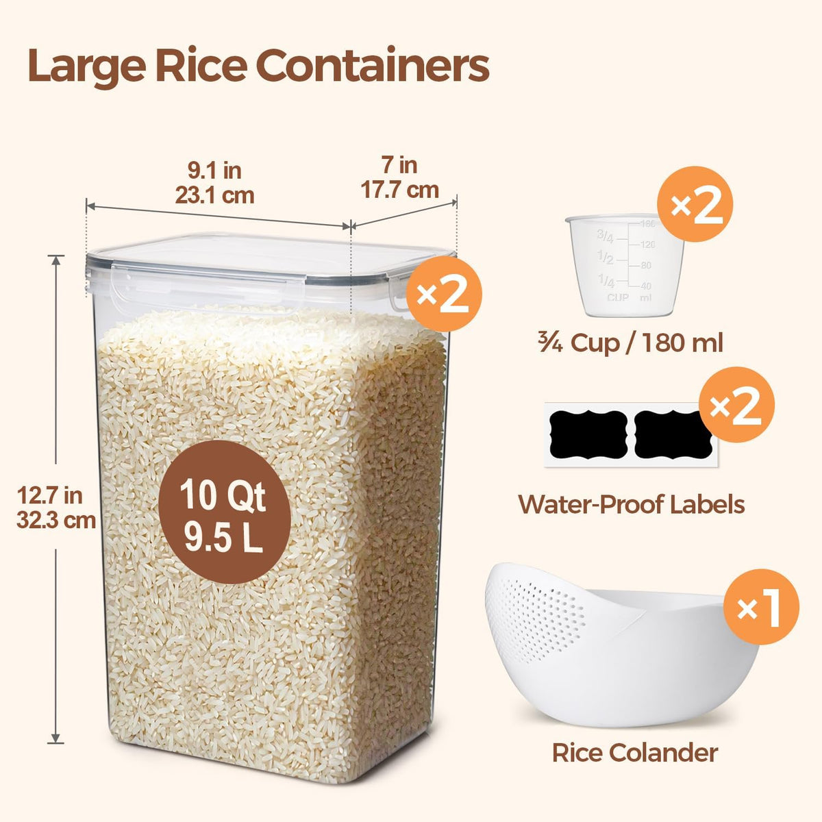 ComSaf Airtight Rice Storage Container with Lid 10Qt 2Pack, Large Capacity