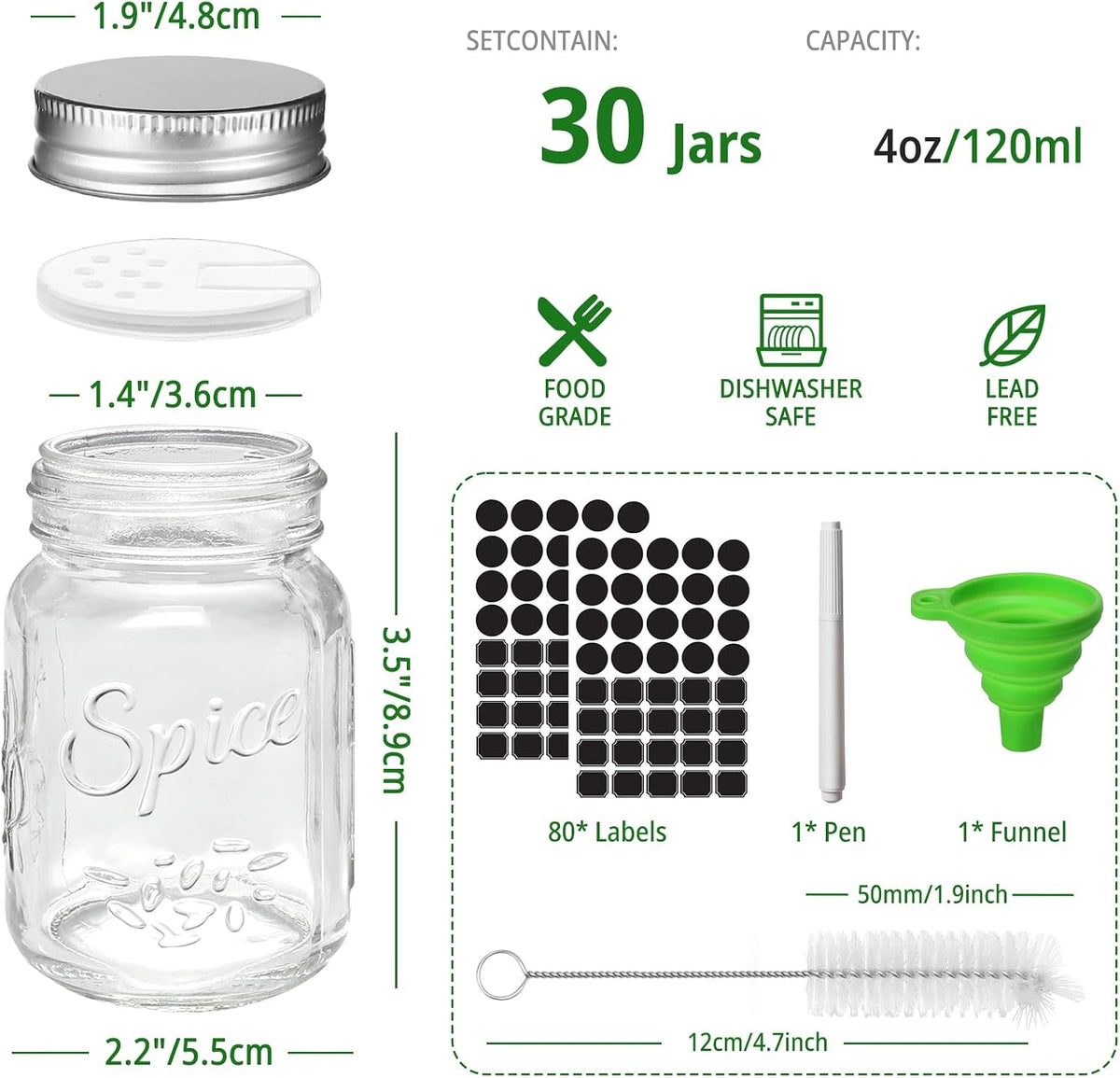 CycleMore 30 Pack 4oz Round Glass Spice Jars with Shaker Lids & Metal Caps