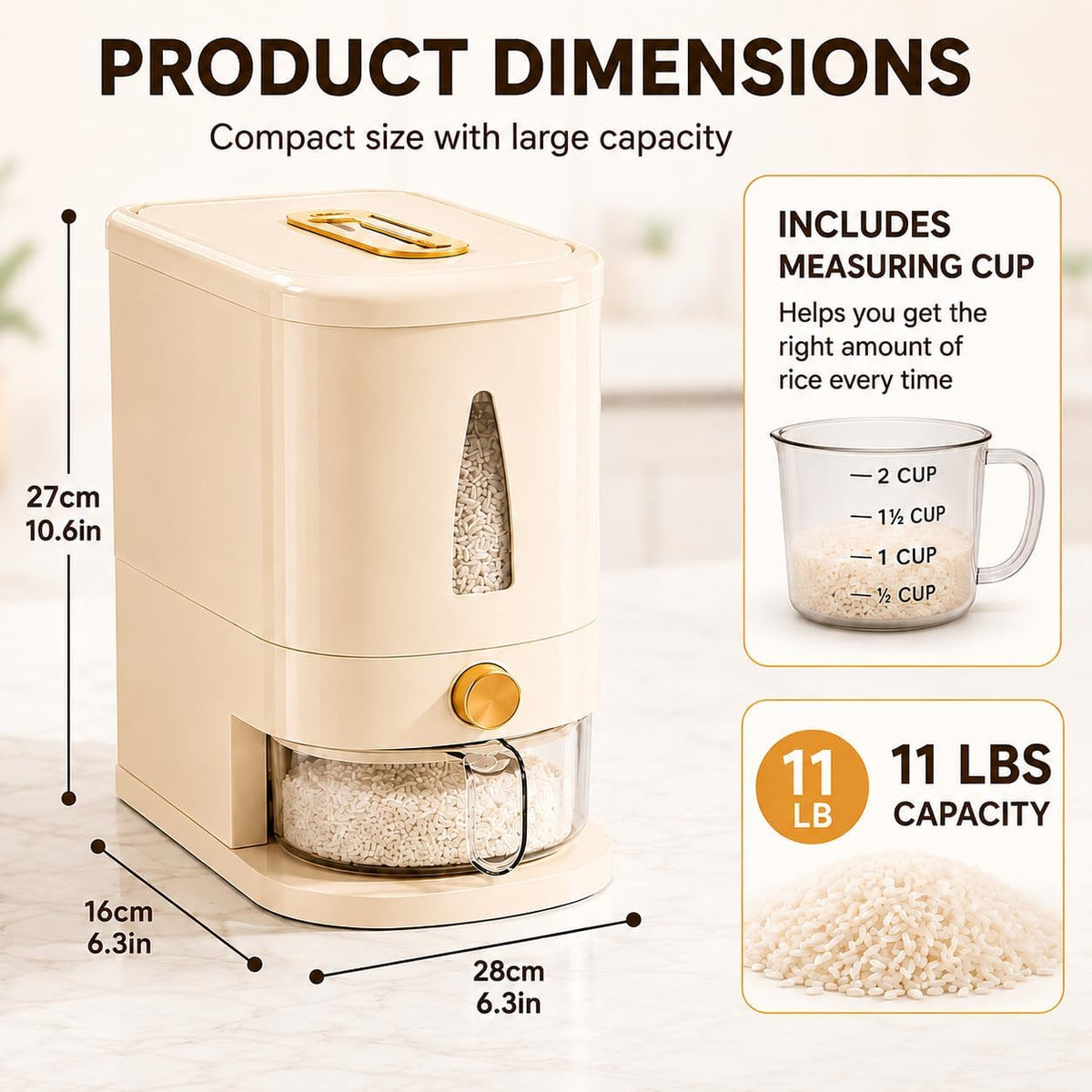 Airtight Rice Dispenser, 11lbs/22lbs Dry Food Storage Container with One-Touch Dispensing, Moisture-Proof Grain Bin with Measuring Cup for Kitchen, Countertop Organization
