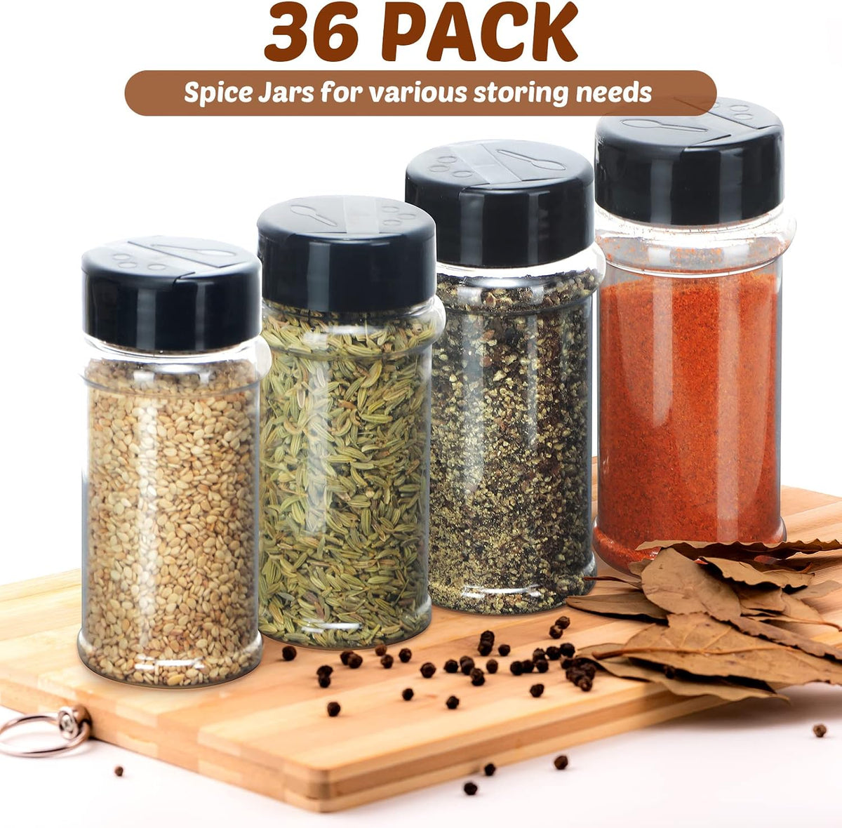 Jadive 36 Pcs Plastic Spice Jars with Shaker Lids, 5.5oz, Black