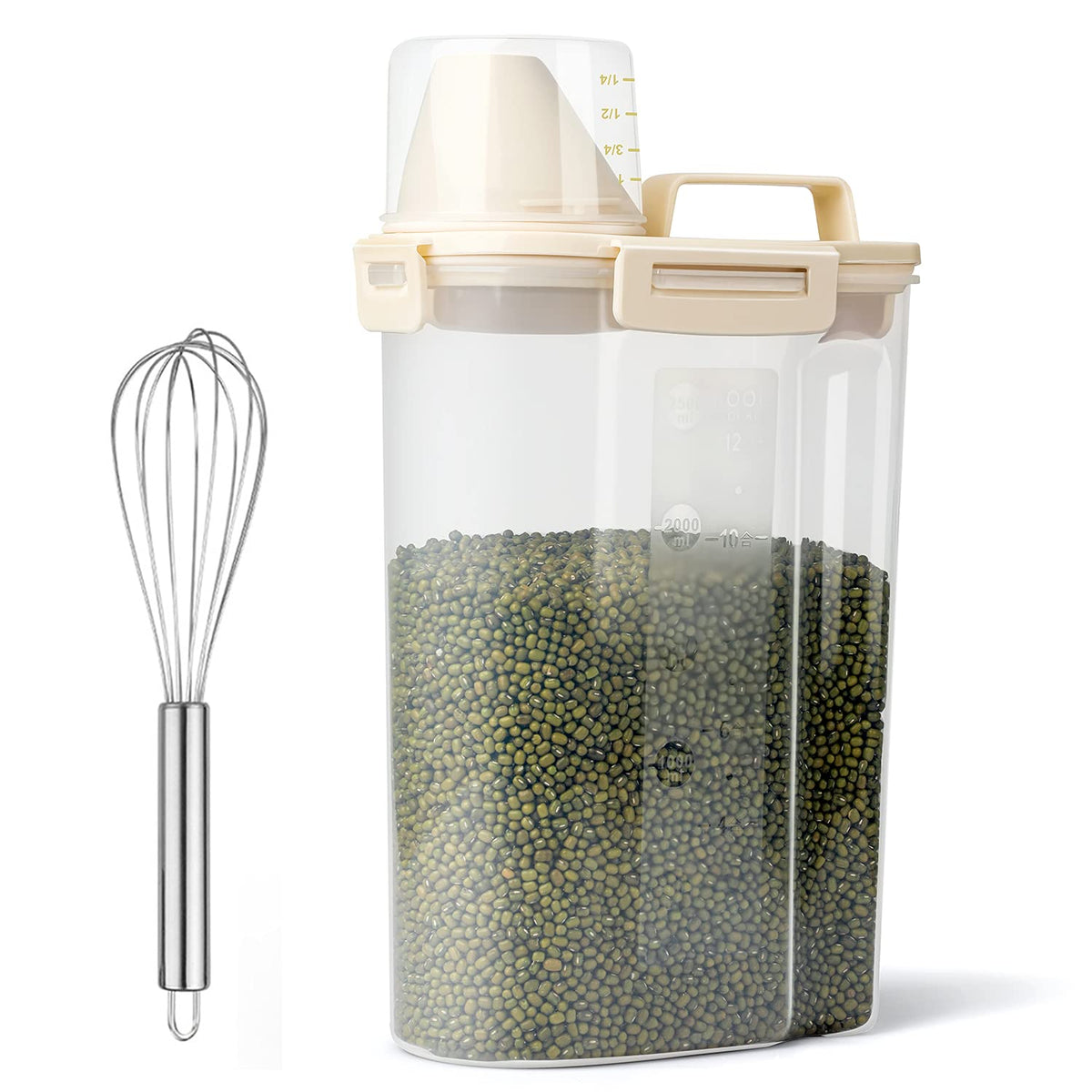 Uppetly Rice Airtight Dry Food Storage Containers, BPA Free Plastic Storage Bin Dispenser with Pourable Spout, Measuring cup for Cereal, Flour and Baking Supplies, Include a Stainless Steel Whisk