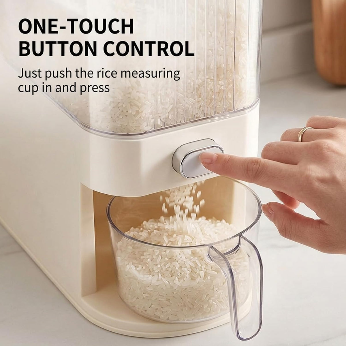 Slim Rice Dispenser with Manual Date Tracker, 11 Lbs Large Grain Storage Container for Kitchen Gap, 4.72" Wide Narrow Rice Bin with Measuring Cup, Beige