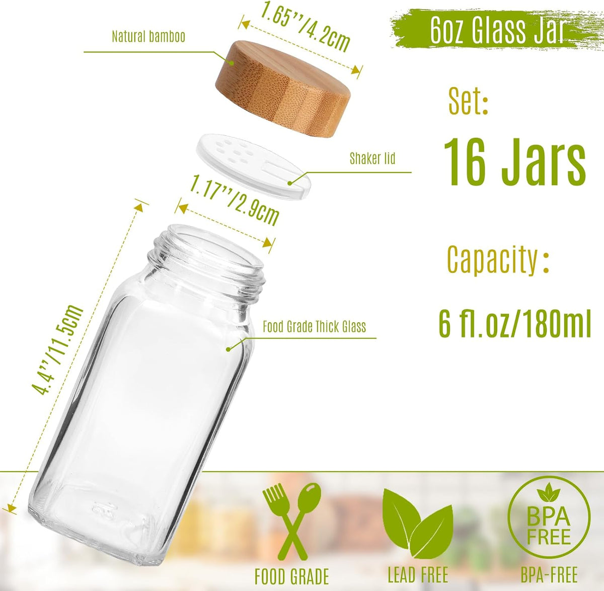 16 Pack 6 oz Glass Spice Jars with Bamboo Lids and Spice Labels