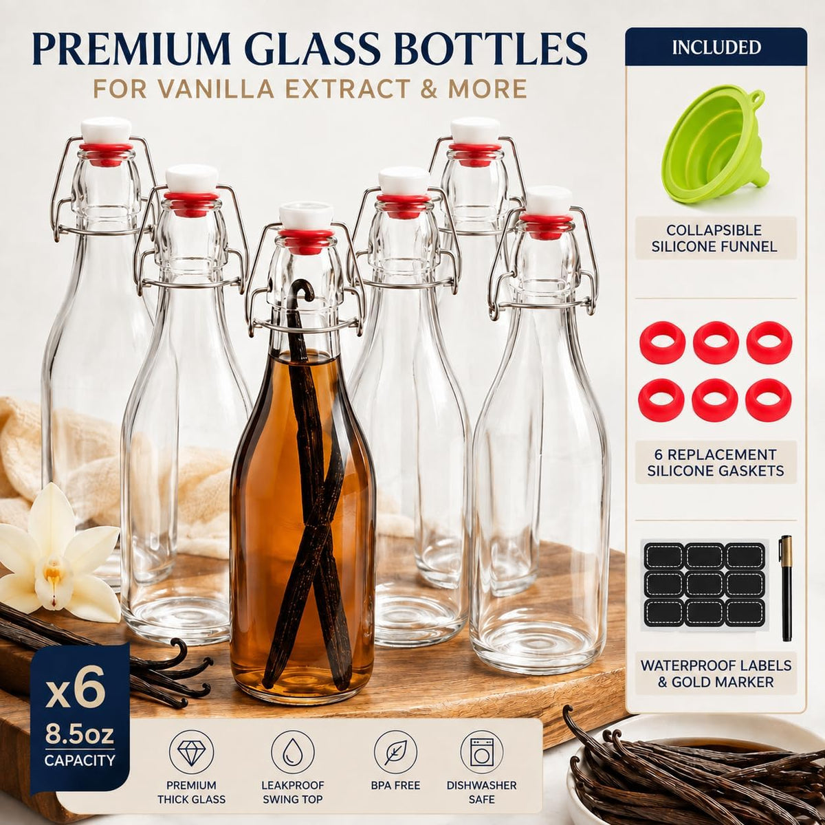 Vanilla Extract Bottles [8.5 oz, 6-Pack] – Flip Top Swing Top Glass Bottles for Homemade Extracts, Kombucha, Coquito, Juice – Airtight Leak-Proof Caps with Funnel, Extra Gaskets, Labels & Marker
