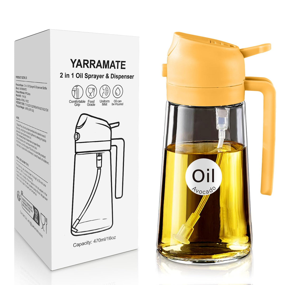 YARRAMATE 2Pcs 16oz/470ml 2 in 1 Oil Sprayer for Cooking with Stickers, Food-grade Glass Oil Spray Bottle, Oil Dispenser and Oil Sprayer for Kitchen, Salad, Frying, BBQ (White &Black)