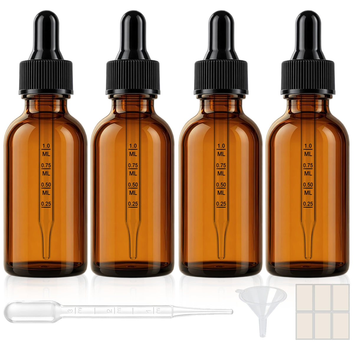 PrettyCare Glass Eye Dropper Bottles 24 Pack, 1oz (30ml) Clear Empty Thick Bottles Bulk with Leakproof Golden Caps - With Labels & Funnels for Storage, Travel, Essential Oils, Cuticle Oils, Tinctures