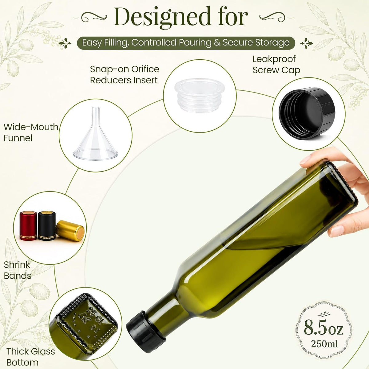 TBWIND 15 Pack 8.5oz (250ml) Olive Oil Bottles with Airtight Caps