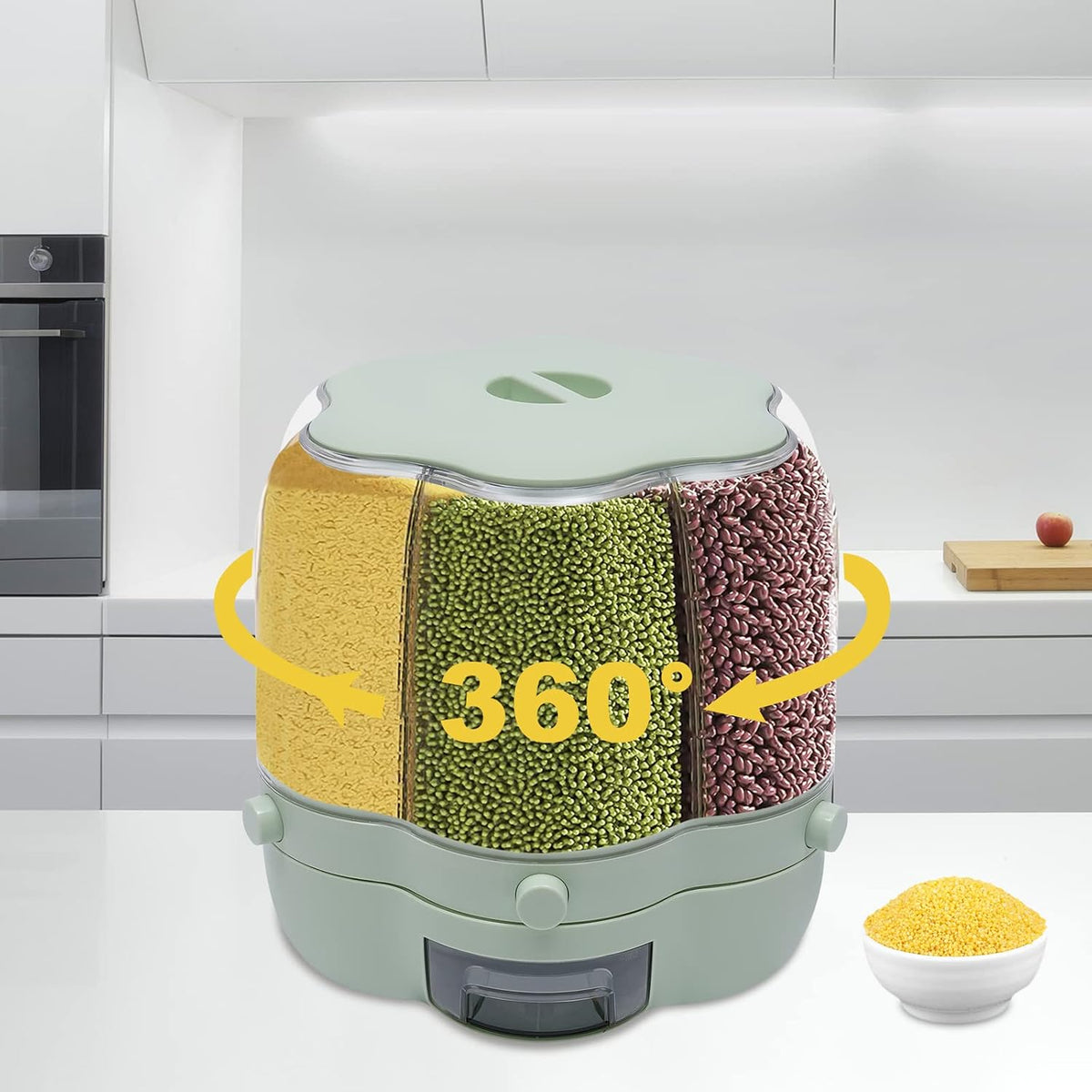 Grain Storage Container Dispenser, 6 Grids rice dispenser rotating, 360° rotating food dispenser One-Click Output rice Storage Round Grain Dispenser Kitchen (Matcha Medium 1.53kg)