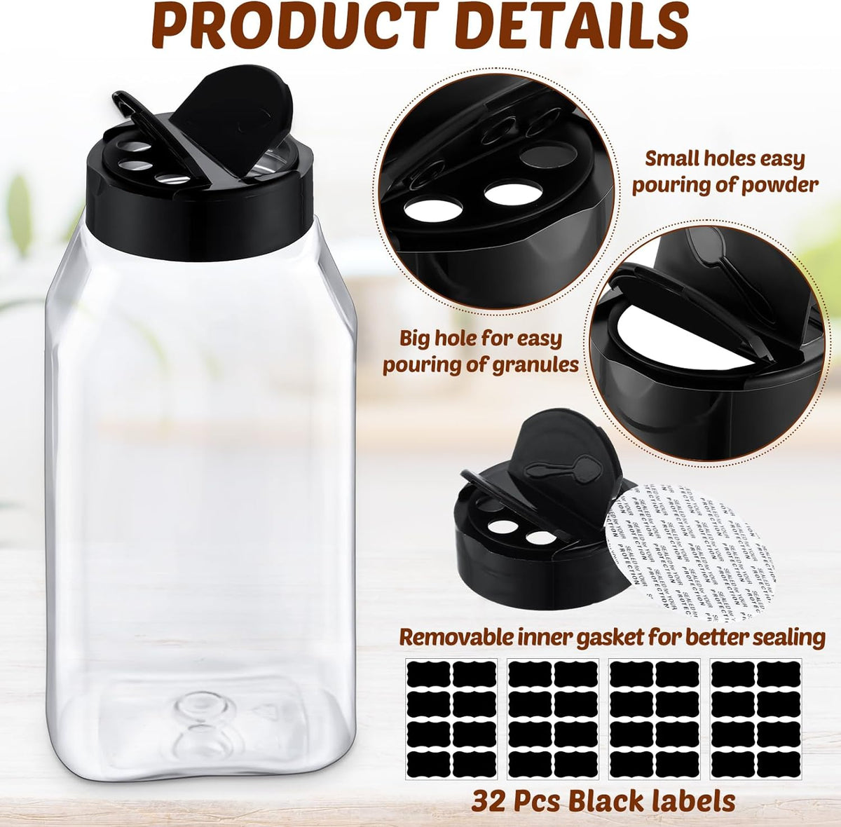 Mifoci 28 Pack 16 oz Black Plastic Spice Jars with Cap