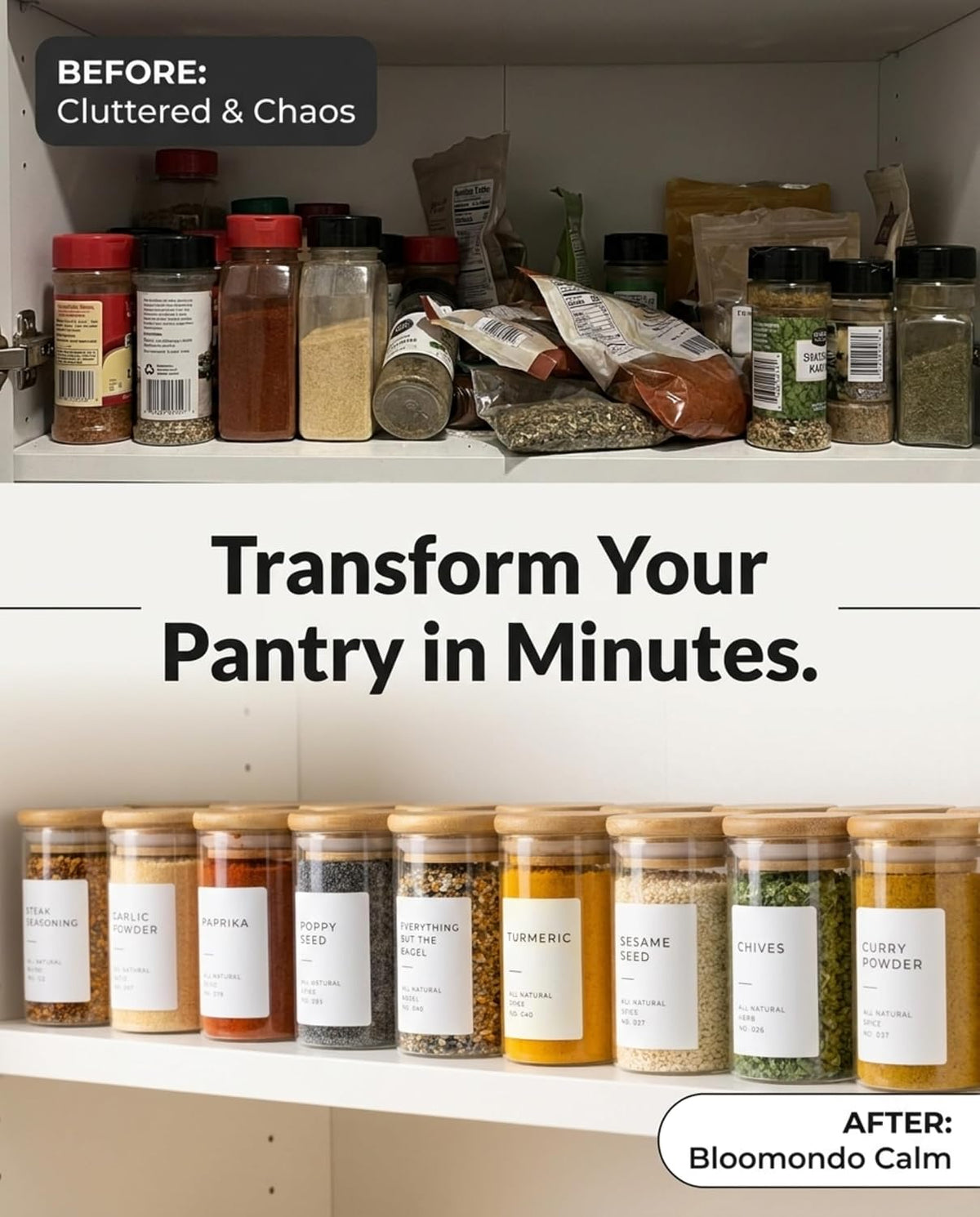 Bloomondo Glass Spice Jars with Label Pack (12x Bamboo Lid Glass Jar) Small 6oz Empty Spice Storage Bottles with 112 Printed Stickers and 48 Writable Pantry Labels for Seasoning Containers