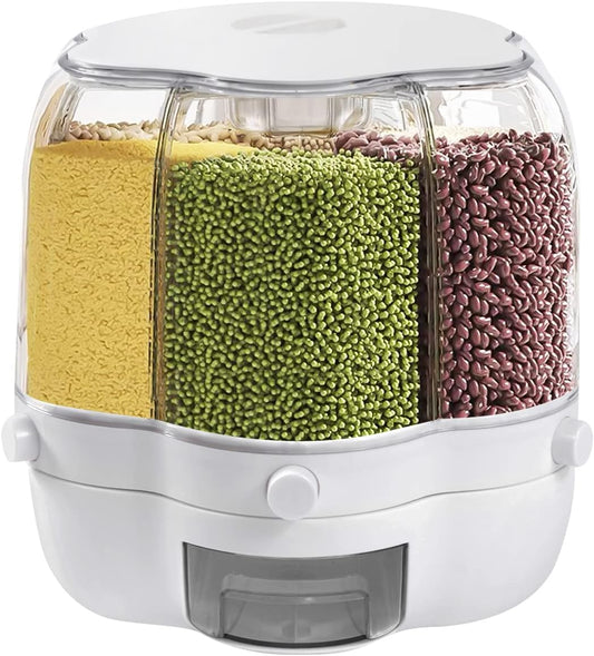 6-Grid Rotating Rice Dispenser - 17.64lbs Large Capacity Grain Dry Food Storage Container with Press-Type Funnel, 360° Rotation & Portion Control for Rice, Cereals (A-White-8kg)