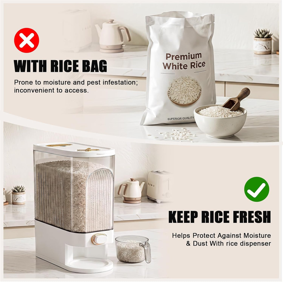 11lb Rice Dispenser – Airtight Rice Storage Container with Date Dial & Measuring Cup, Cereal Dry Food Storage Containers for Kitchen Pantry Household, BPA-Free