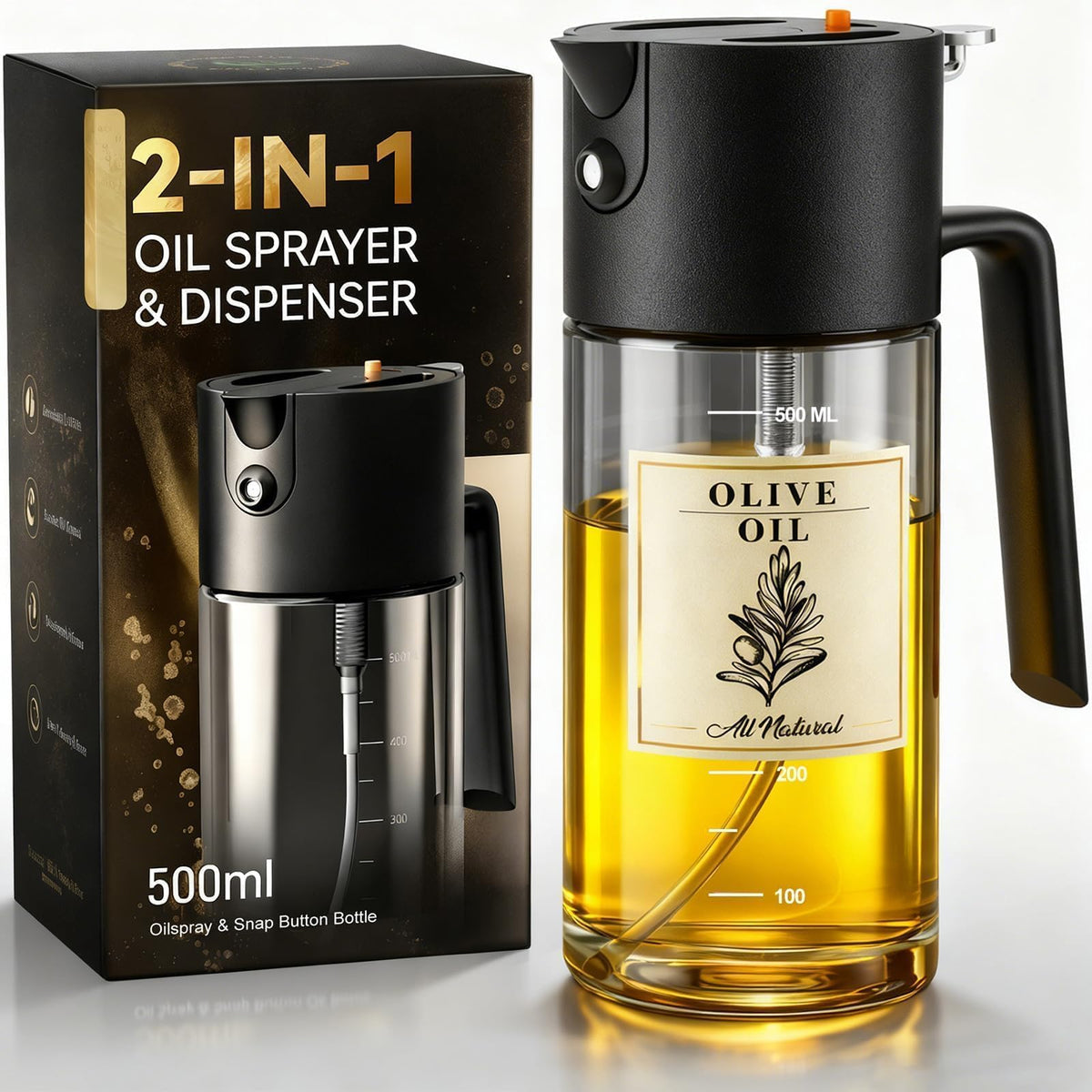 Costop Oil Sprayer for Cooking, 2025 Large Advanced Olive Oil Dispenser Bottle,500ml/17oz Glass Olive Oil Sprayer,2 in 1 Even Spray with Portion Control for Kitchen, Air Fryer, Salad, BBQ - White
