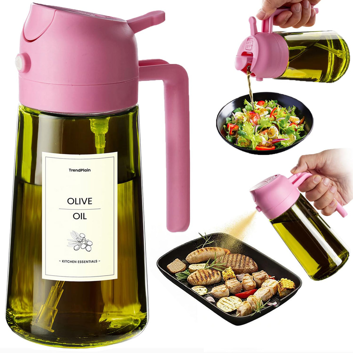 TrendPlain - Original 16oz/470ml Olive Oil Dispenser Bottle for Kitchen Gadgets and Air Fryer Accessories - Olive Oil Sprayer for Cooking w/Stickers - Black&Green