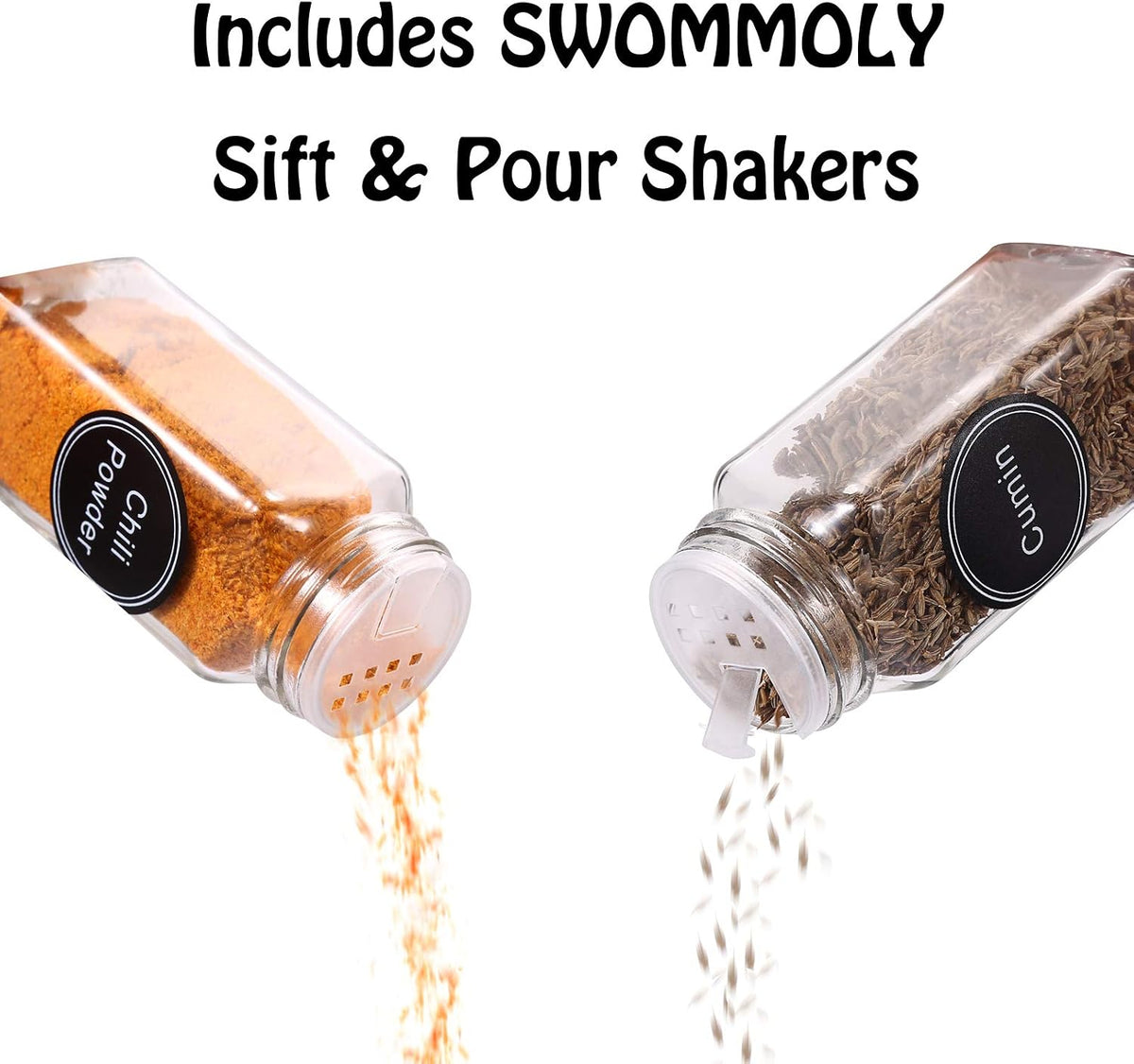 SWOMMOLY 36 Pcs 4 oz Glass Spice Jars with Shaker Lids and 703 Spice Labels