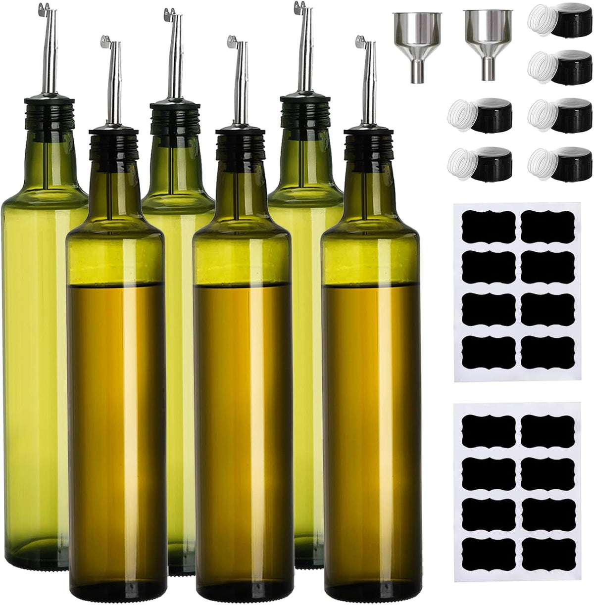 Frcctre 6 Pack 17 Oz Glass Olive Oil Dispenser Bottles, Oil and Vinegar Cruet Set With Stainless Steel Pourer Spouts, Olive Oils Carafe Decanter for Kitchen, Dark Green