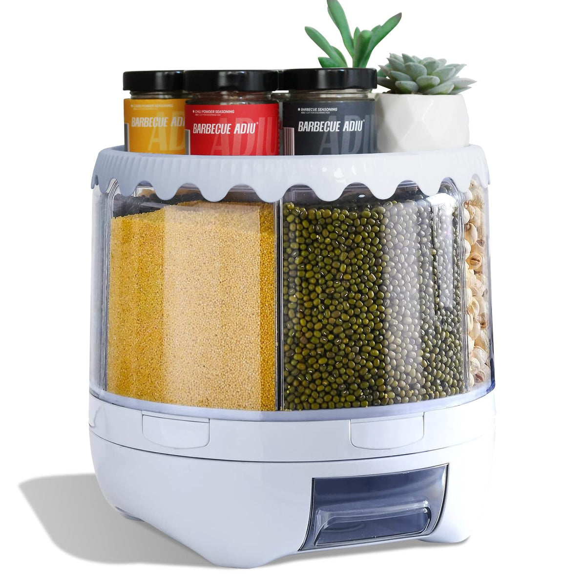 16lb Grain and Rice Storage Container, 360° Rotating 6 Grid Grain Dispenser