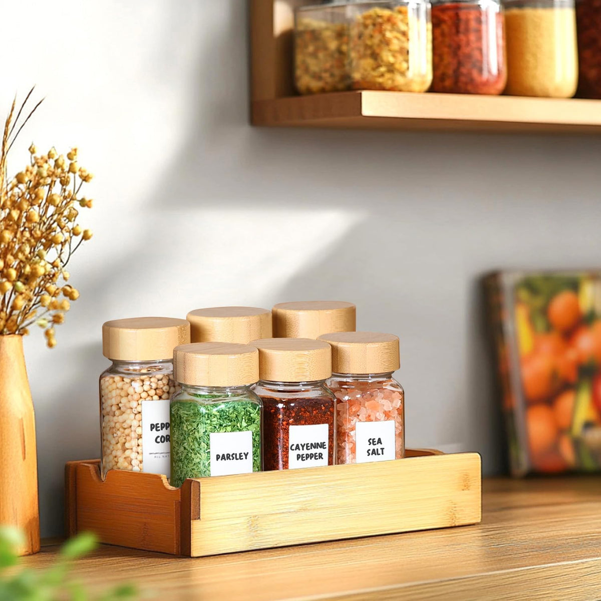 ComSaf Glass Spice Jars with with Labels 4 oz 6 Pack Small Bamboo Lids