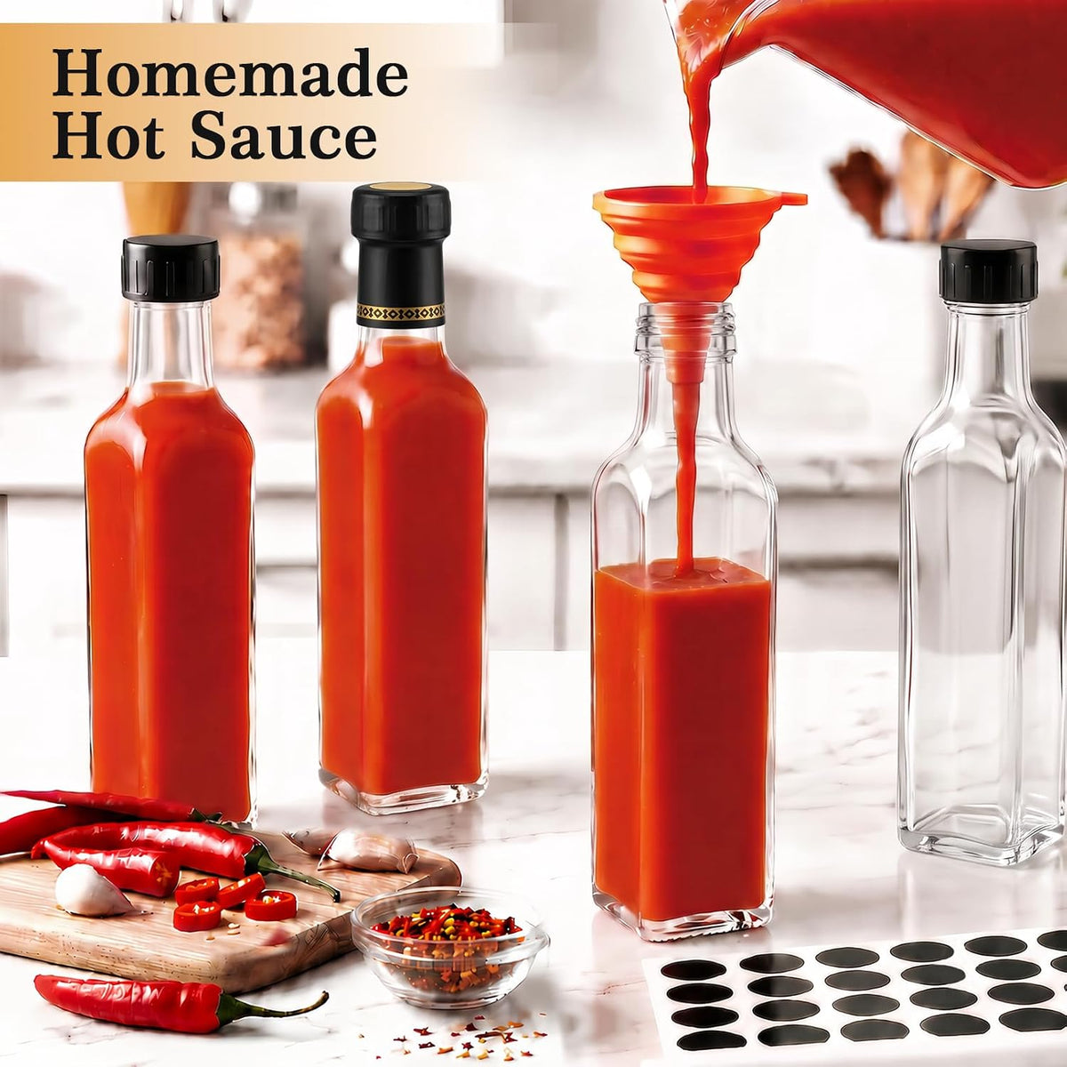 WERTIOO Hot Sauce Bottles 18Pack 8.5oz Square Glass Sauce Bottles with Lids