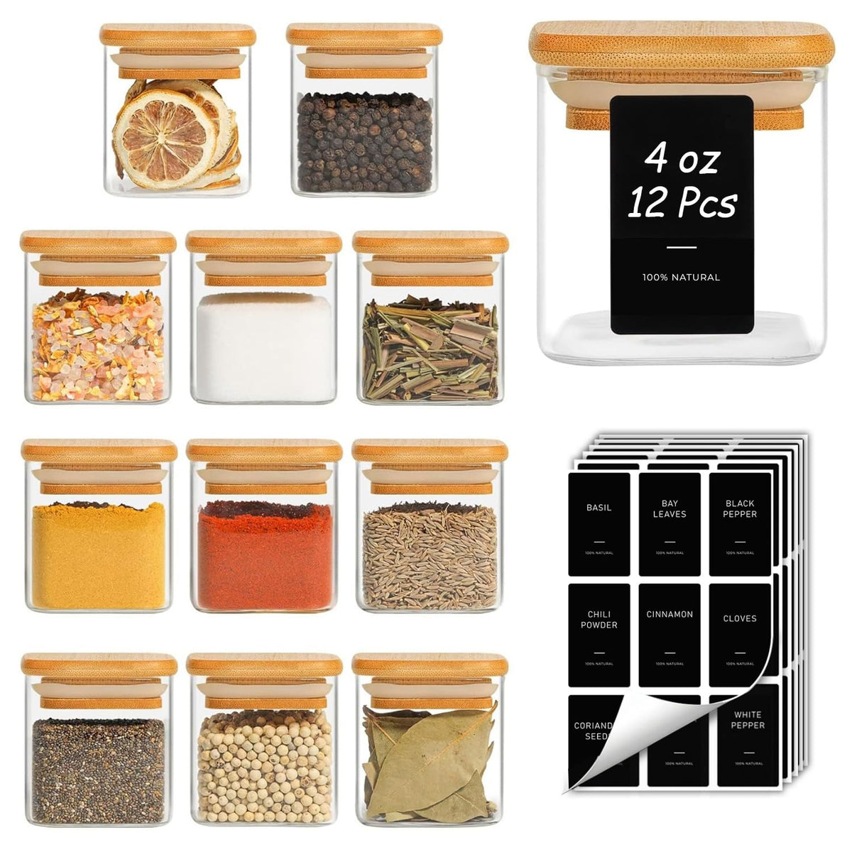 ComSaf Square Glass Spice Jars with Labels 8 oz 16 Pack with Bamboo Lids